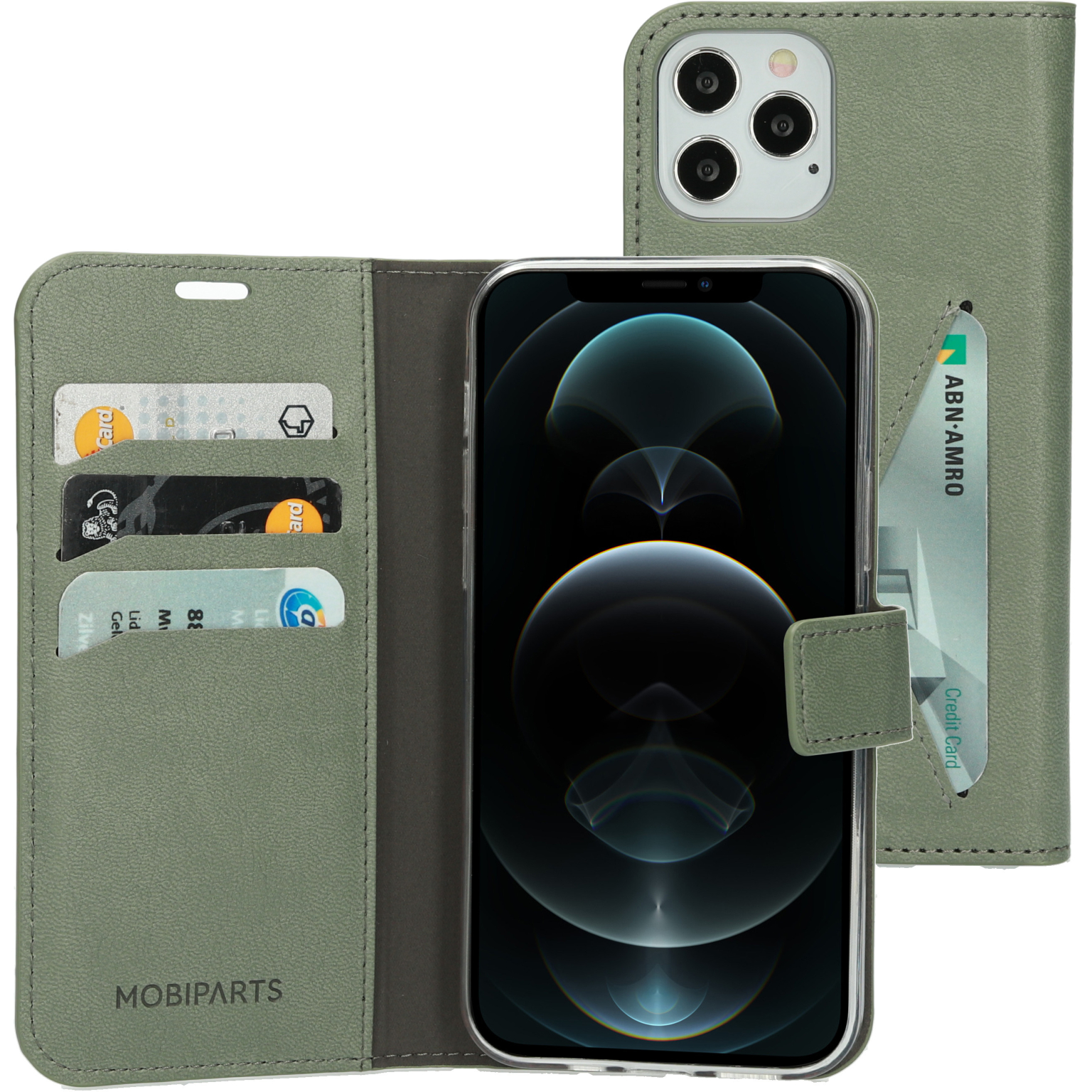 Green phone case with cards and a phone inside. The case is open, showing a phone and card slots.