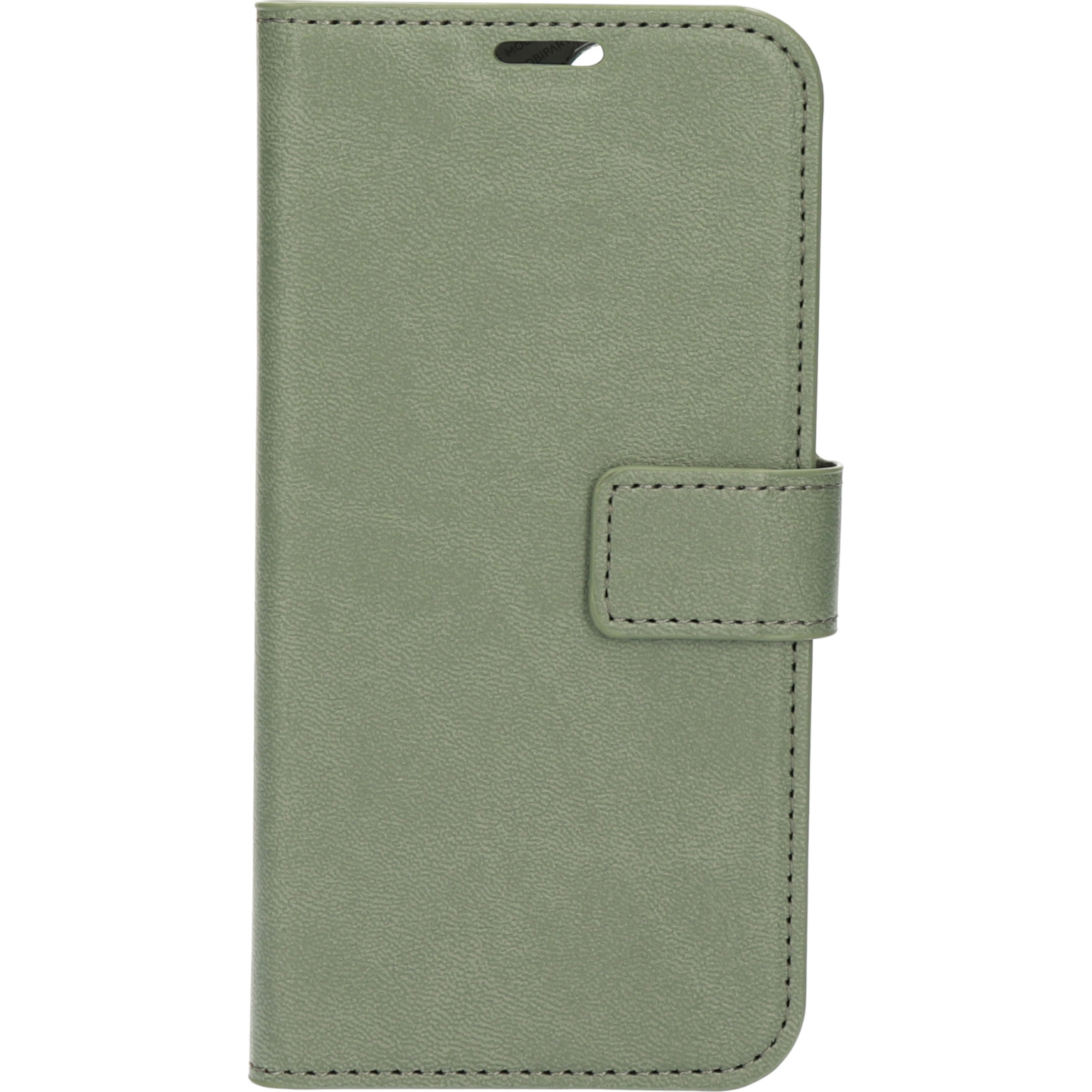 Green phone case, closed, with a magnetic closure and stitched details.