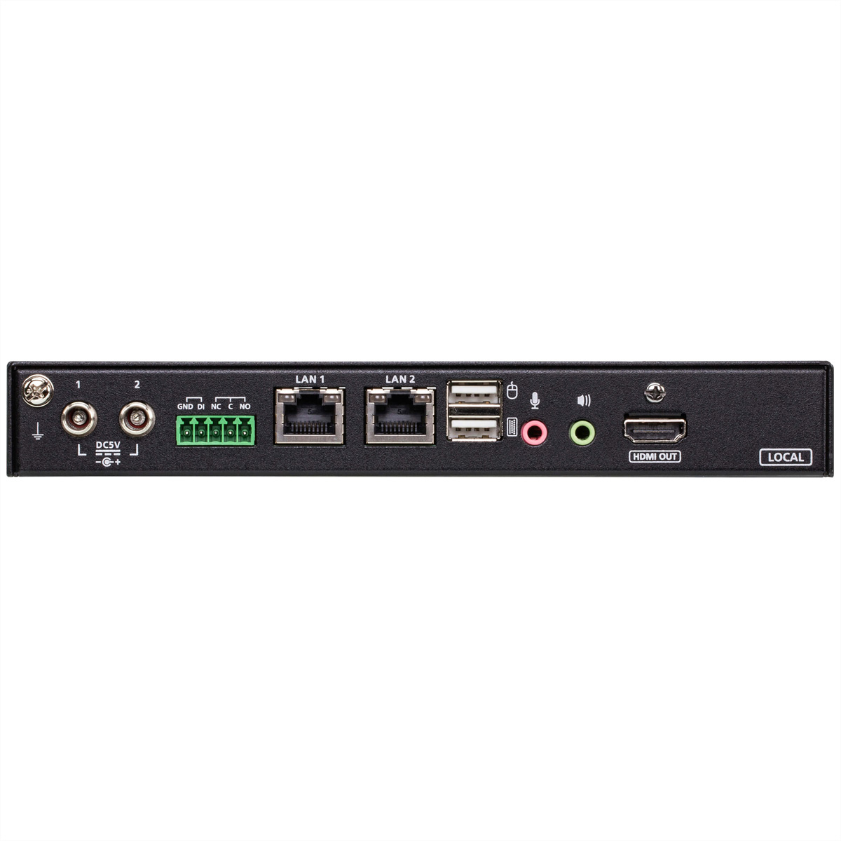 Black electronic device with ports, including LAN, USB, and HDMI out.
