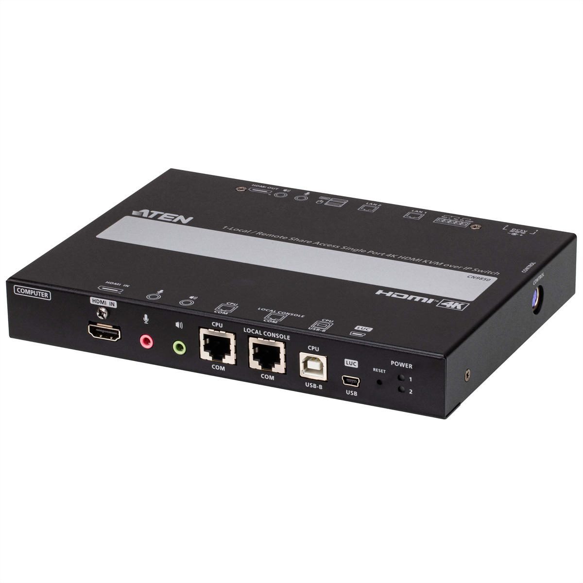 Black Aten HDMI KVM switch with multiple ports and labels. The Aten logo is on the top.