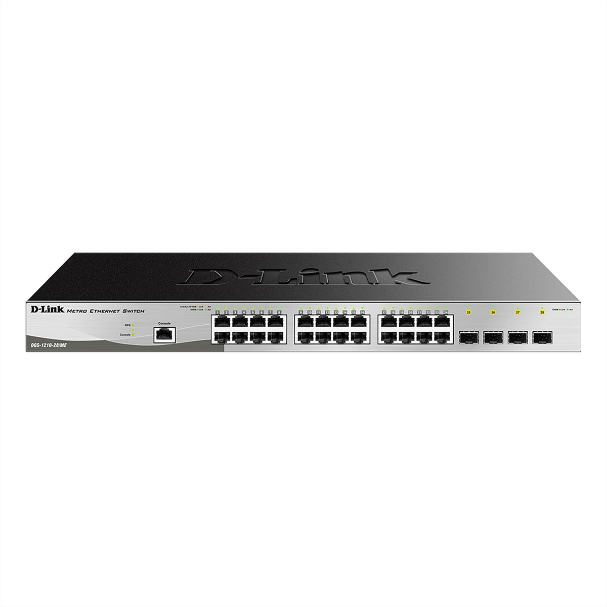 Un switch de red D-Link negro y plateado con muchos puertos.