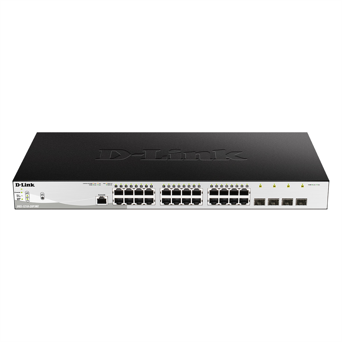 Schwarzer und grauer D-Link Netzwerk-Switch mit Anschlüssen und D-Link Logo.