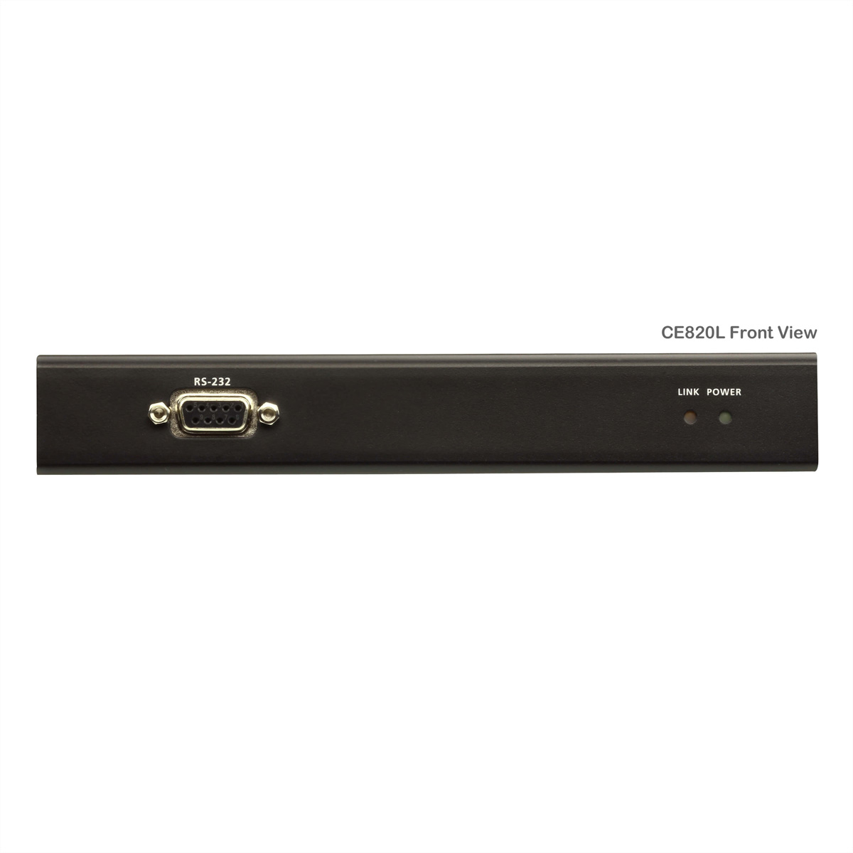 Vista frontale di dispositivo elettronico nero, con porta RS-232 e indicatori.