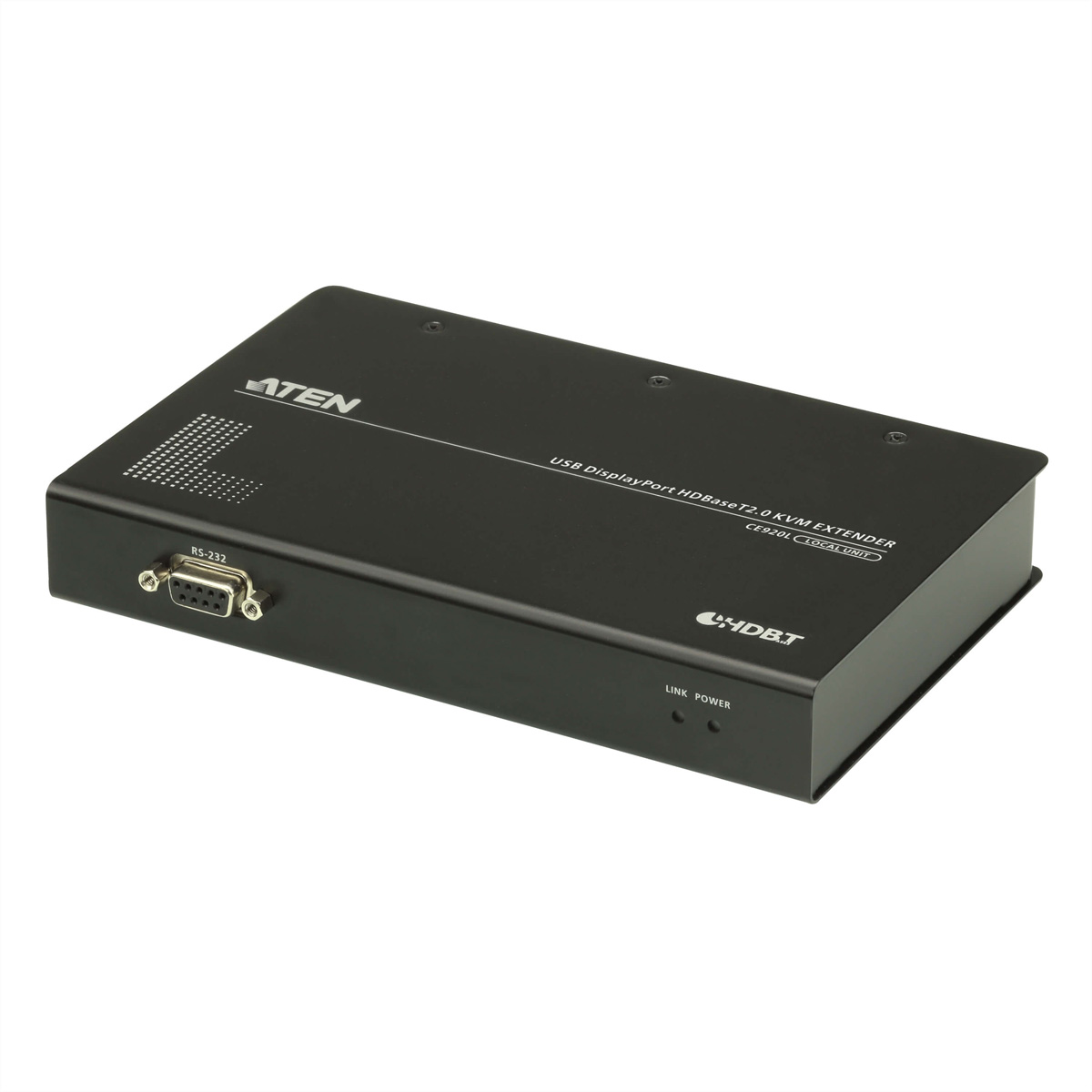 Extender KVM USB DisplayPort ATEN noir. Il dispose d'un port RS-232 et est étiqueté avec 'Link' et 'Power'.
