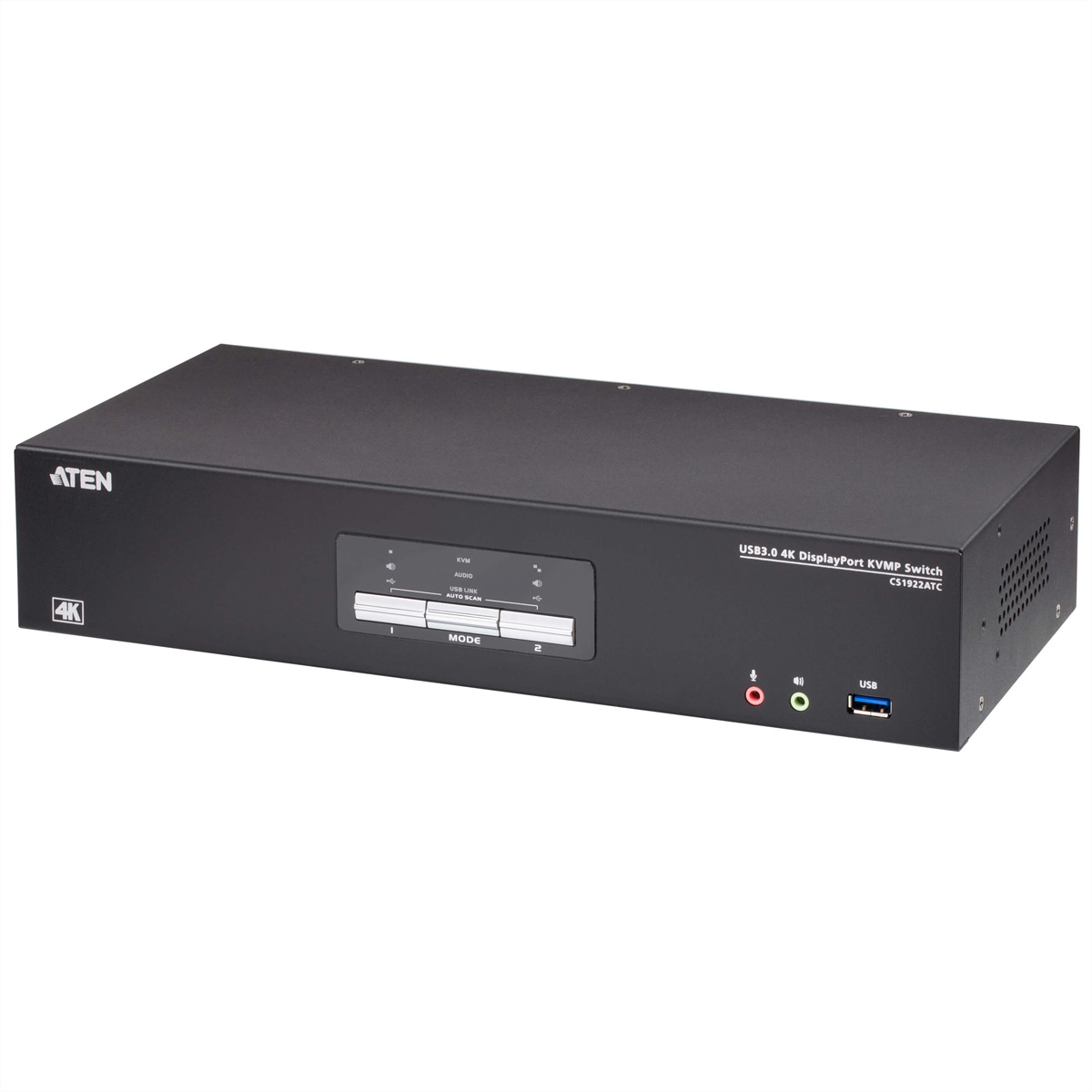 Switch KVM nero con pulsanti e porte. Sfondo bianco.