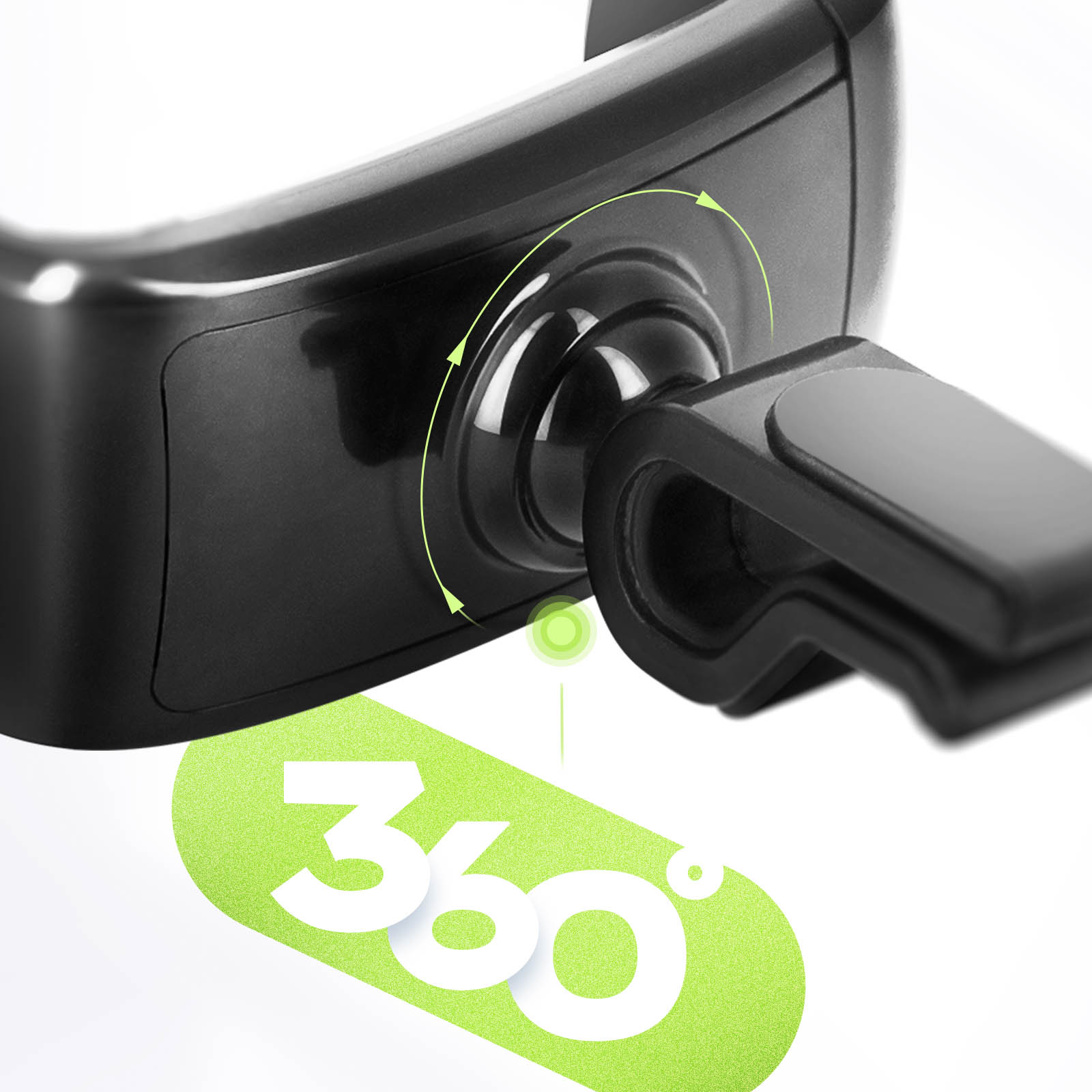 Ein Kfz-Telefonhalter mit 360-Grad-Drehanzeige, Nahaufnahme vor weißem Hintergrund.