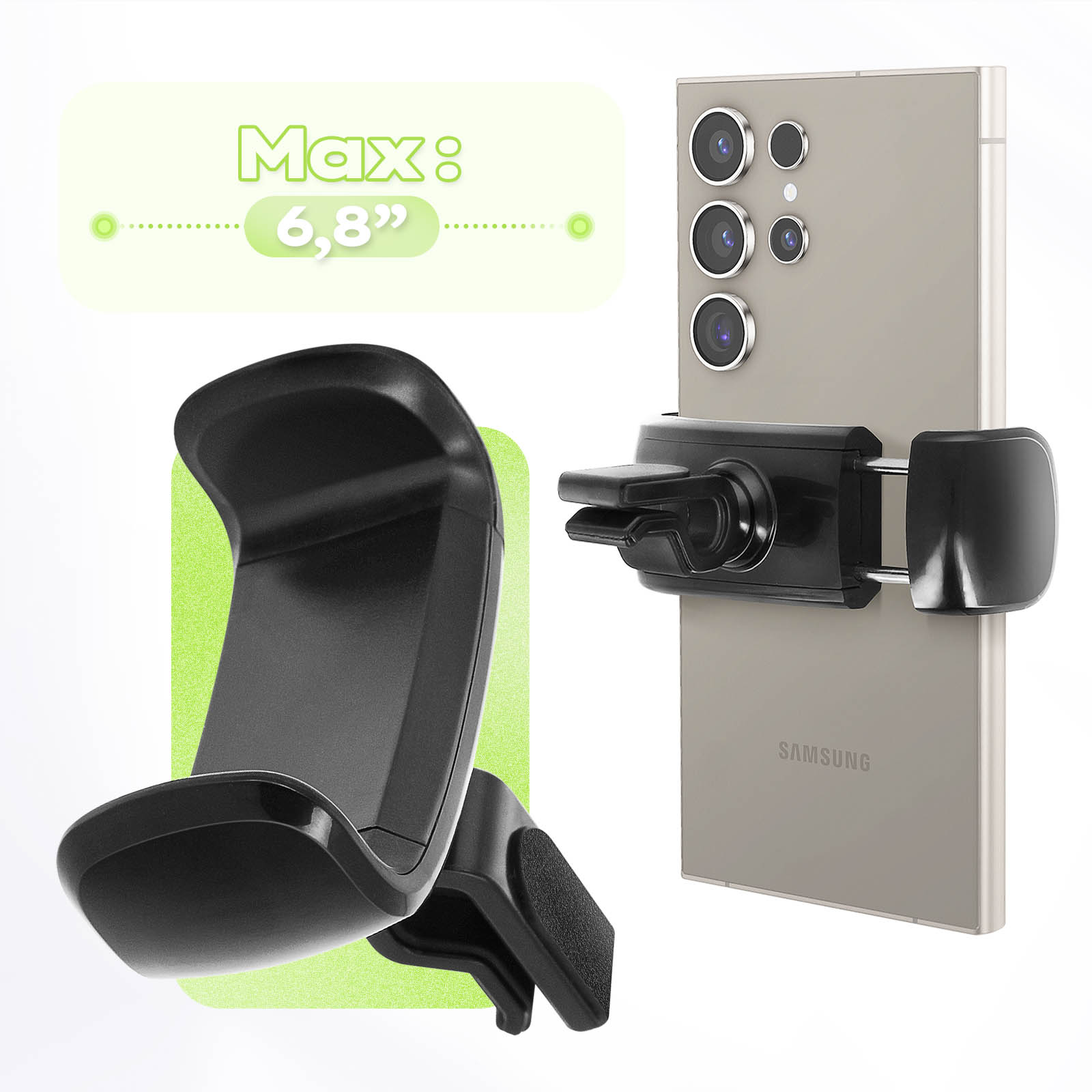 Schwarzer Telefonhalter mit befestigtem Telefon. Grüne Textblase.