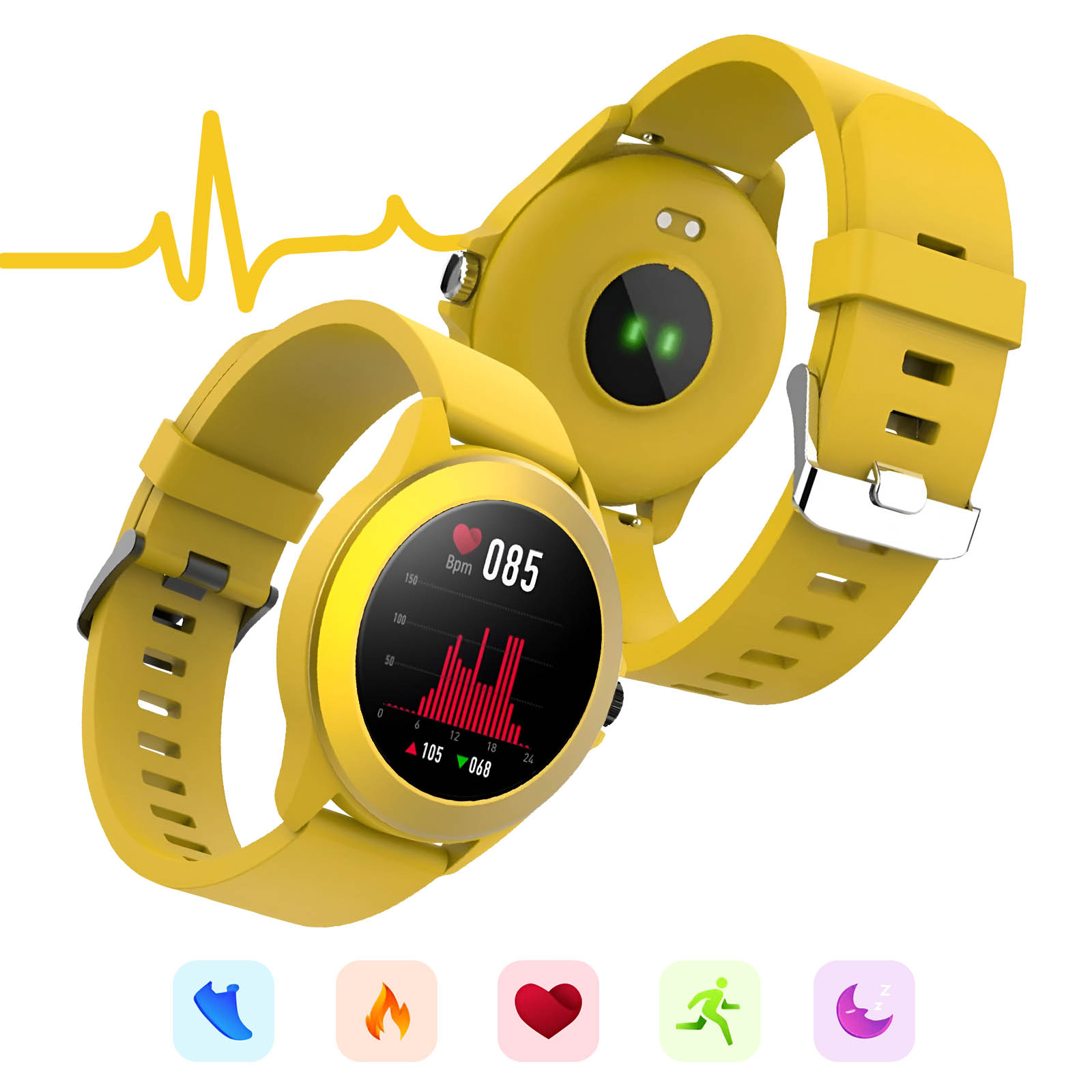 Żółty smartwatch pokazujący dane tętna, z ikonami aktywności i żółtym paskiem.