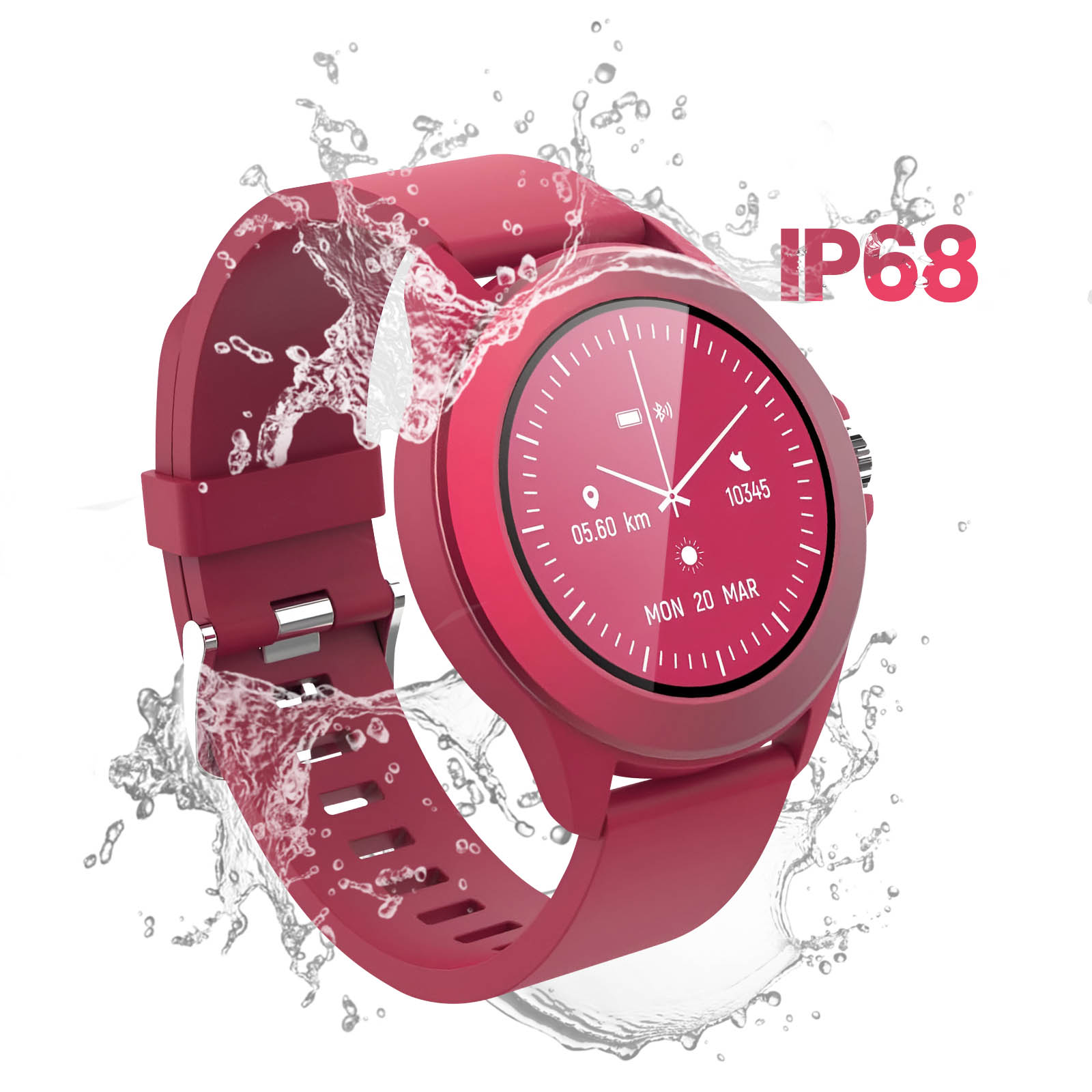 Czerwony smartwatch z rozpryskami wody, pokazujący czas i inne wskaźniki.