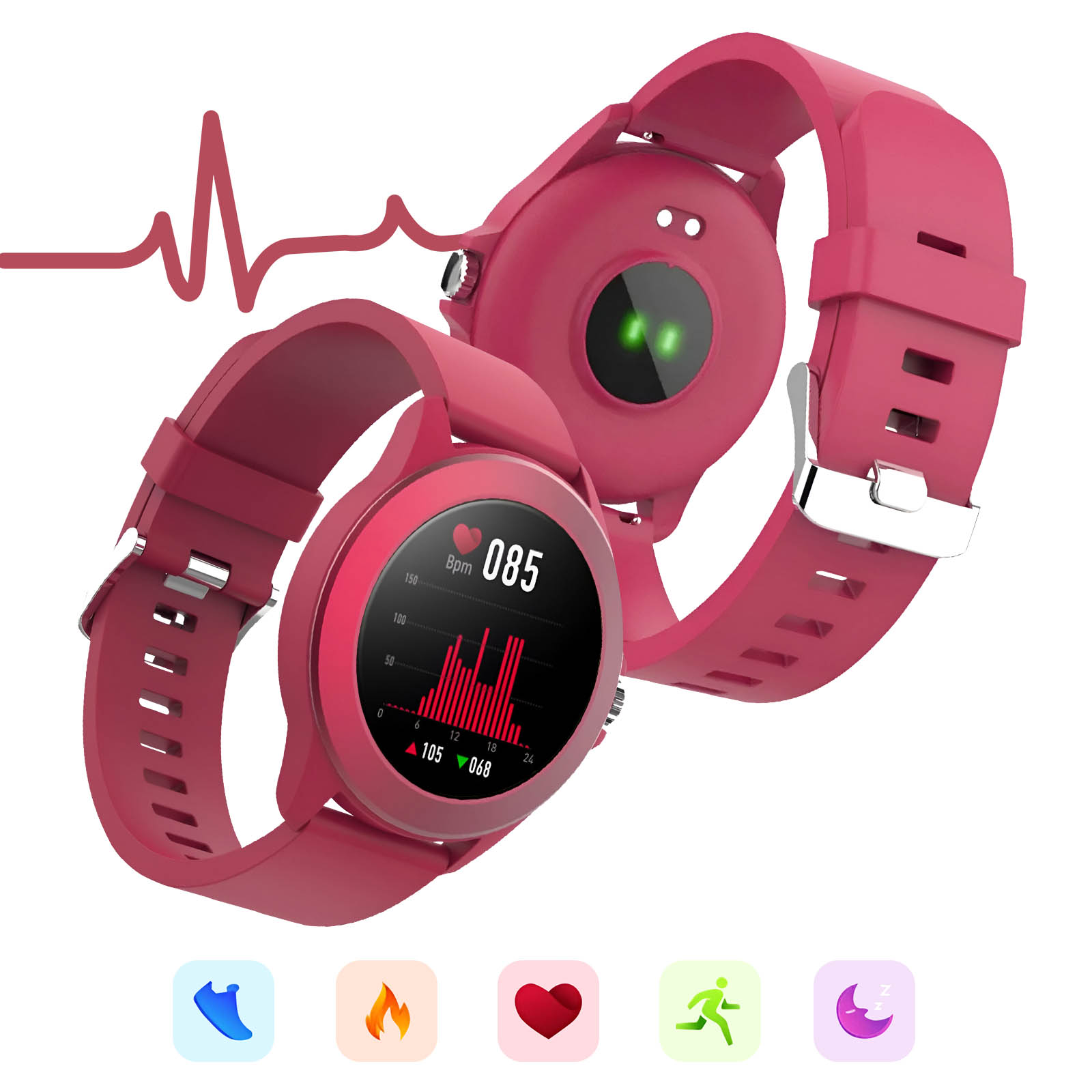 Różowy smartwatch wyświetla monitor pracy serca. Zegarek jest na białym tle i ma czerwony pasek.