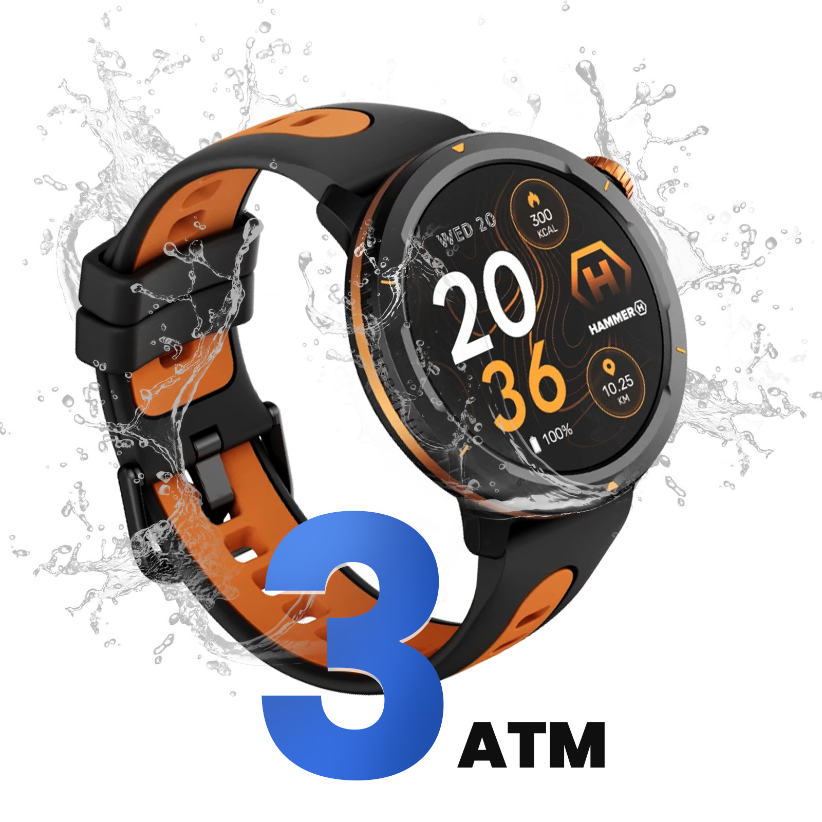 Smartwatch nero e arancione con display digitale, goccioline d'acqua e il numero '3' sotto.