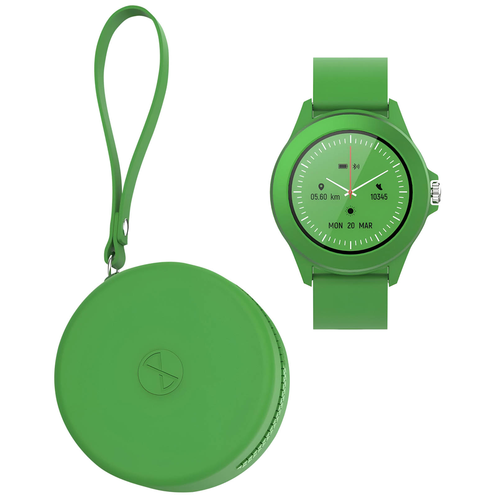 Zielony smartwatch i pasujące okrągłe etui. Zegarek pokazuje godzinę i inne informacje.
