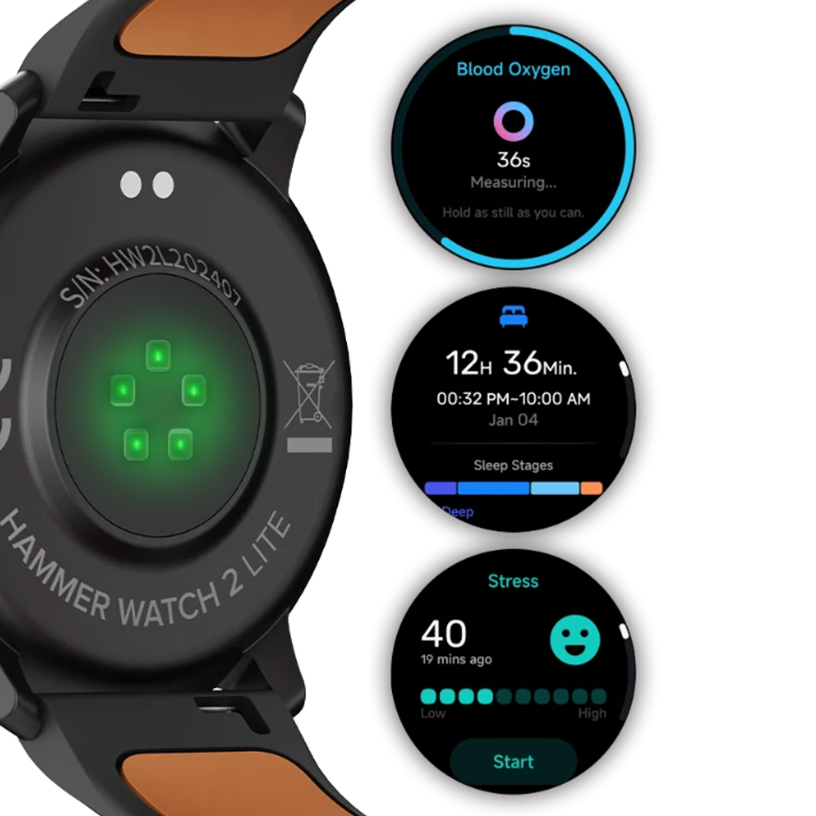 Smartwatch che mostra ossigeno nel sangue, fasi del sonno e livelli di stress. Al polso, con tre schermate informative.