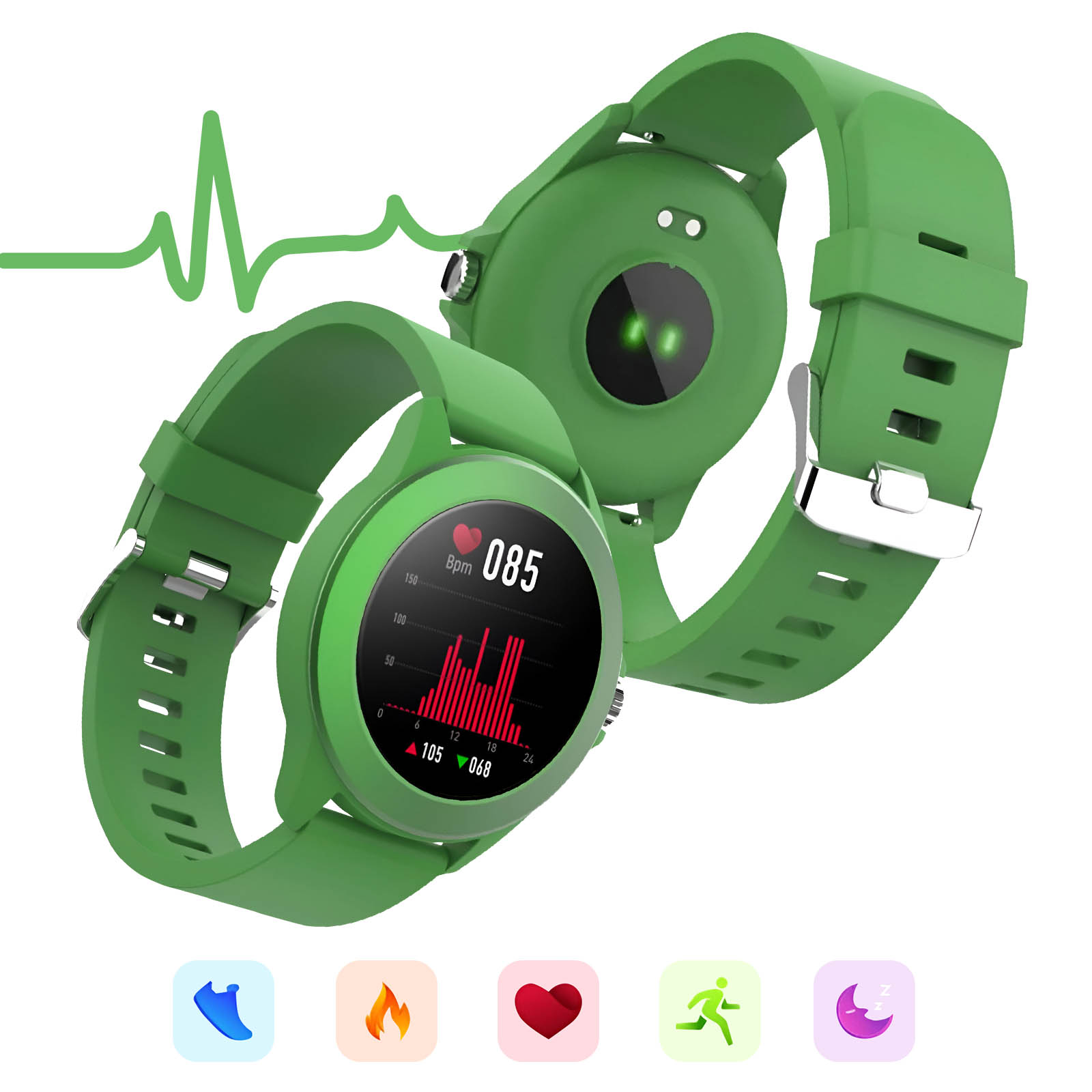 Zielone smartwatche z wyświetlaczem tętna i ikonami aplikacji sportowych i zdrowotnych.