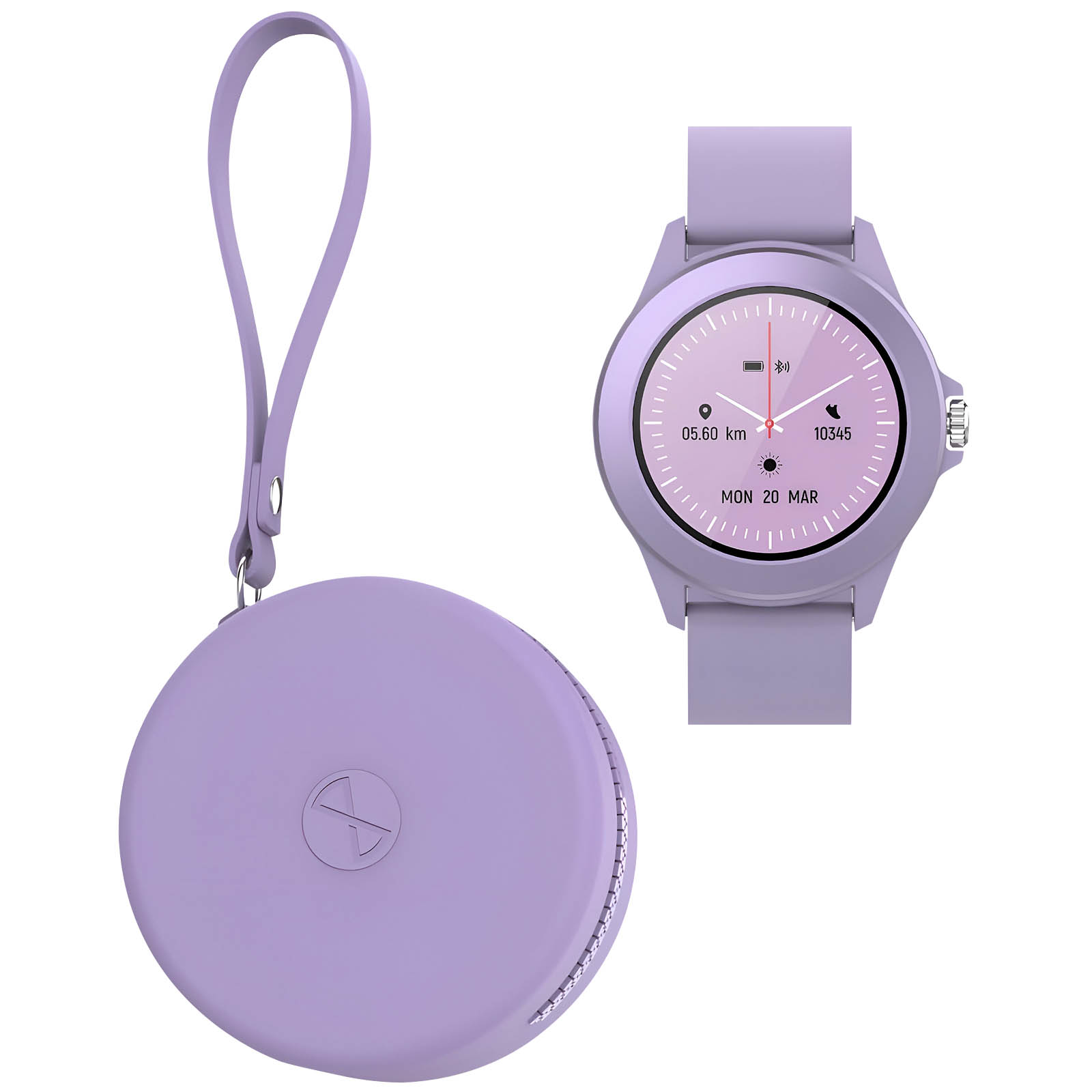 Fioletowy smartwatch i pasujący okrągły futerał, leżące razem na białej powierzchni.