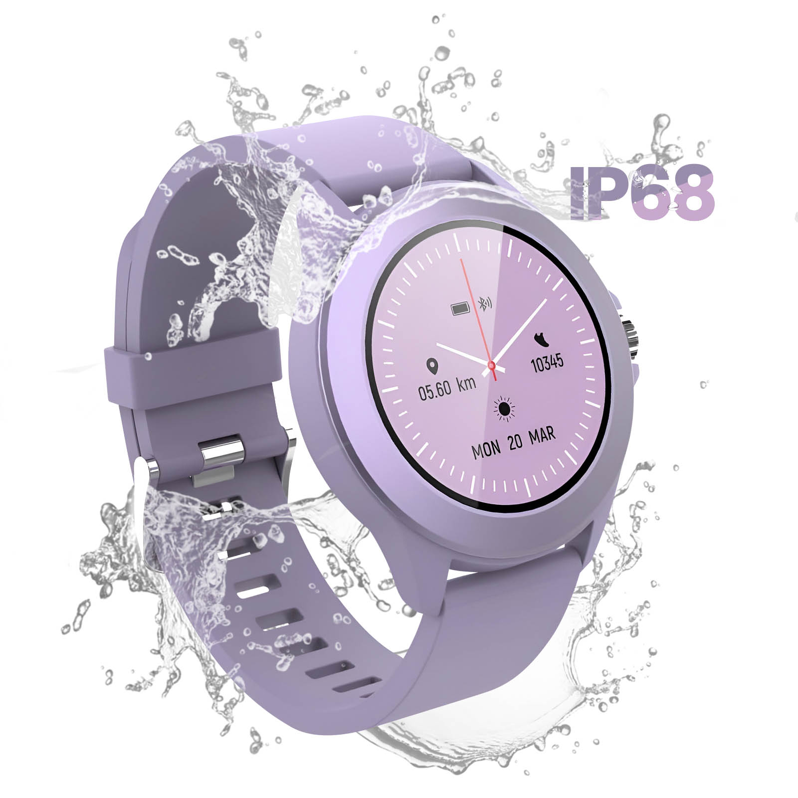 Fioletowy smartwatch z rozpryskami wody. Wyświetlacz pokazuje datę, godzinę i aktywność.