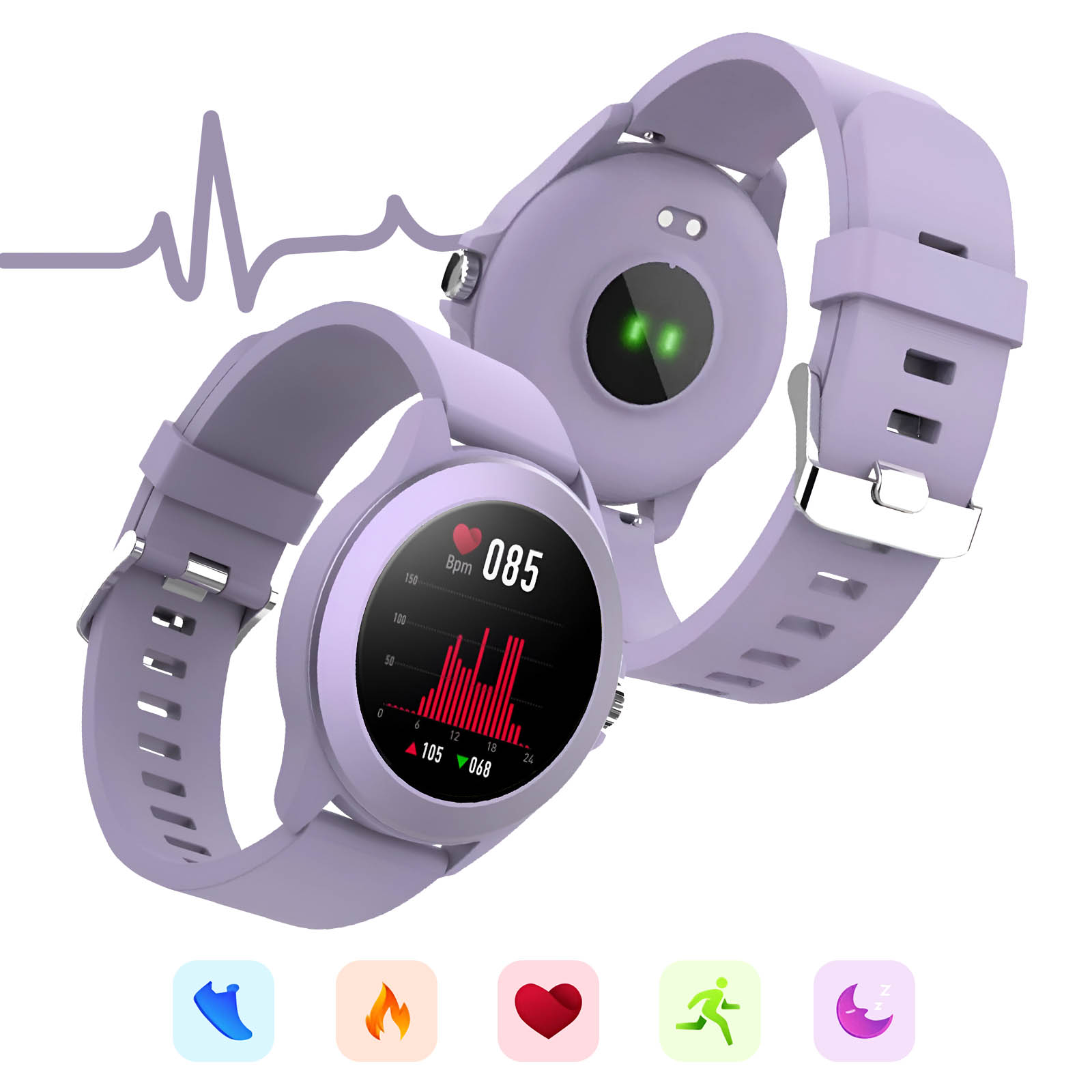 Dwa fioletowe smartwatche na białej powierzchni, wyświetlające ikonki tętna i aktywności.