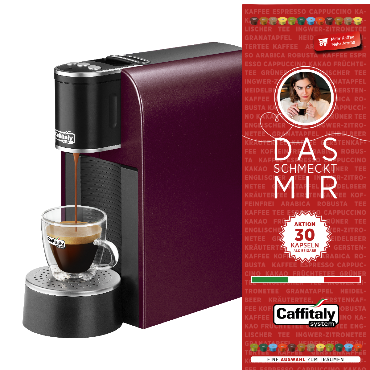 Bourgondische koffiemachine met glazen kopje en een vrouw die koffie vasthoudt.