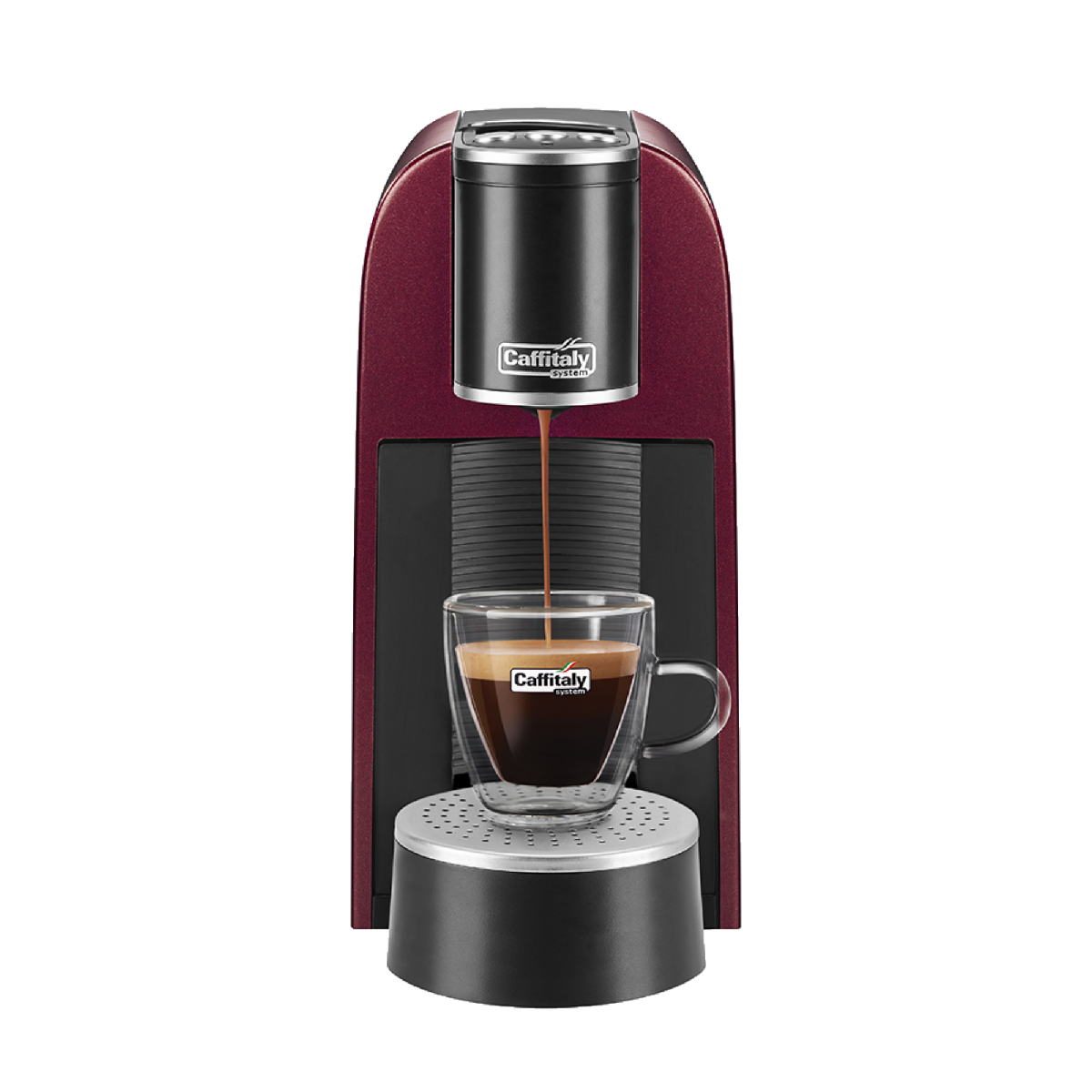 Espressomachine met een kopje koffie, koffie giet in de kop.