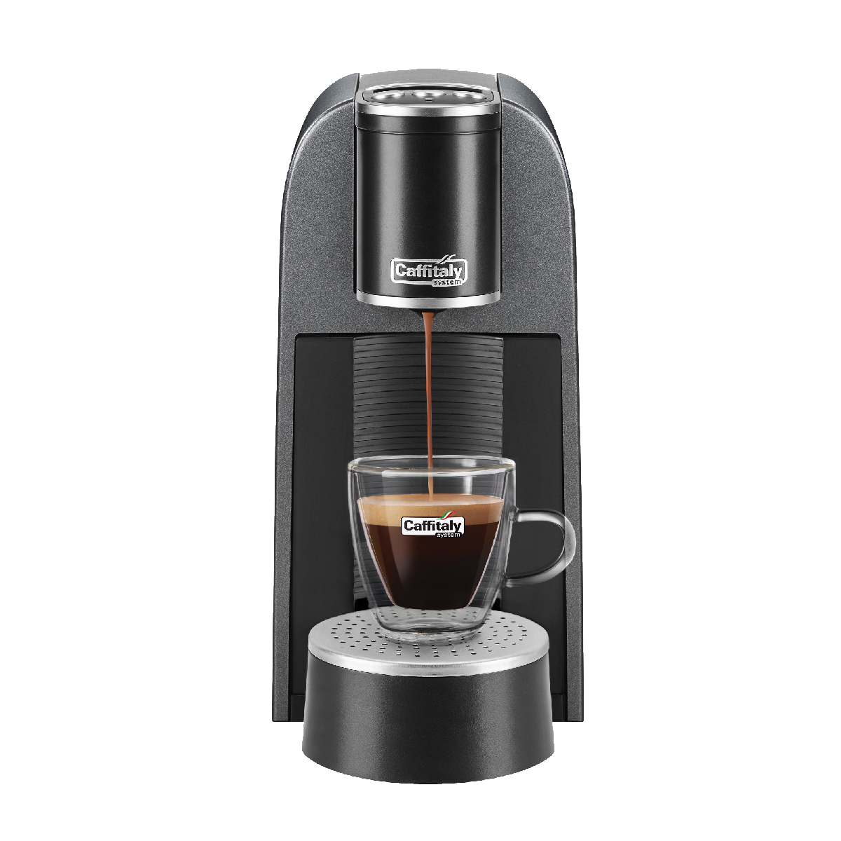 Espressomaschine, die Kaffee in eine Glastasse gießt. Die Maschine ist schwarz und grau.