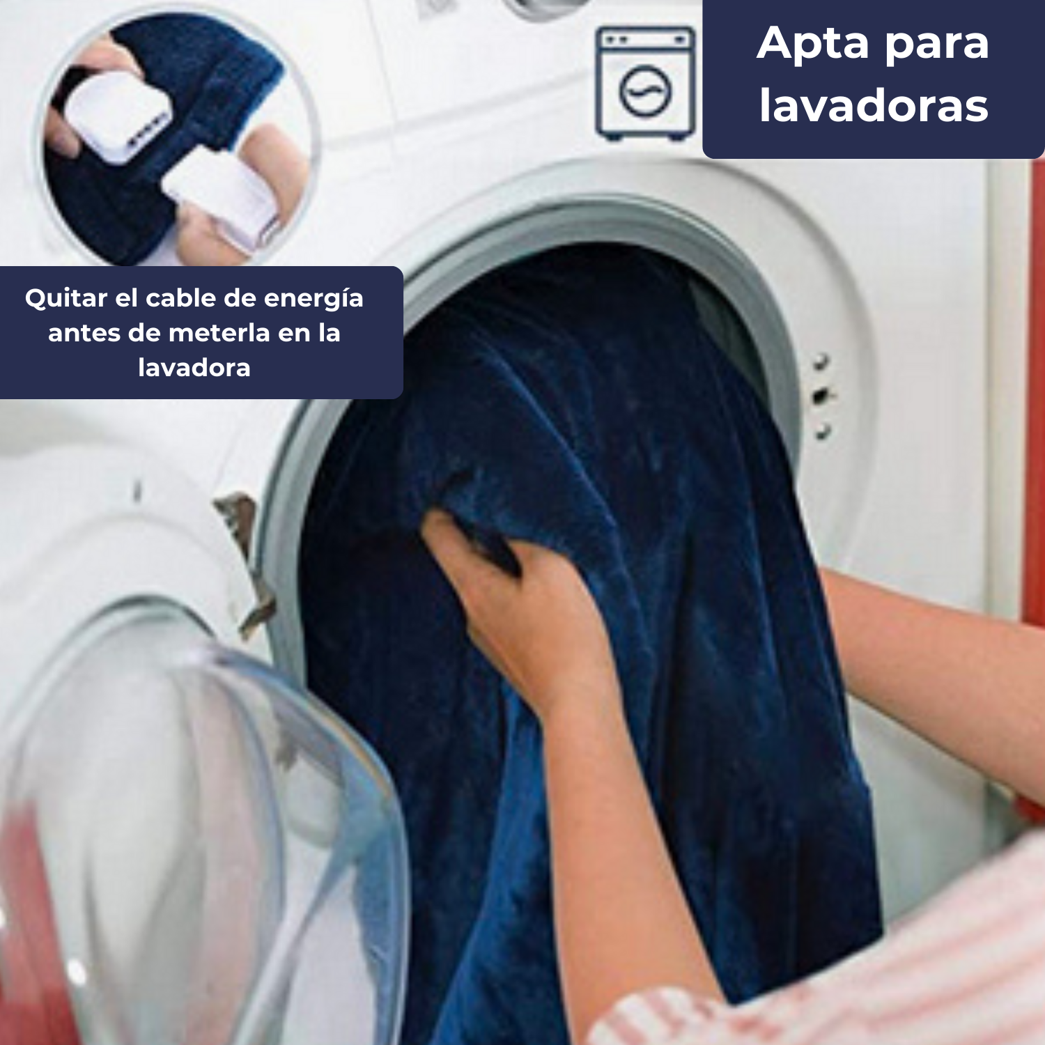 Una manta azul se coloca en una lavadora, instrucciones cercanas.