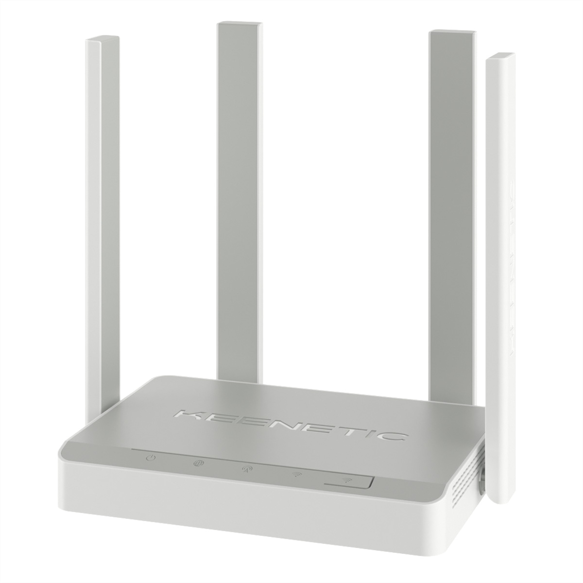 Router bianco con 4 antenne. Il marchio è KEENETIC e il colore è bianco.