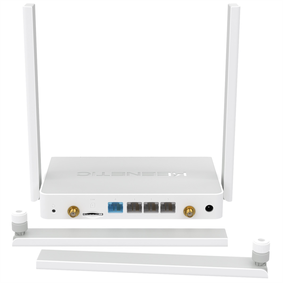 Router Keenetic bianco con quattro antenne. Il router è su una superficie bianca.