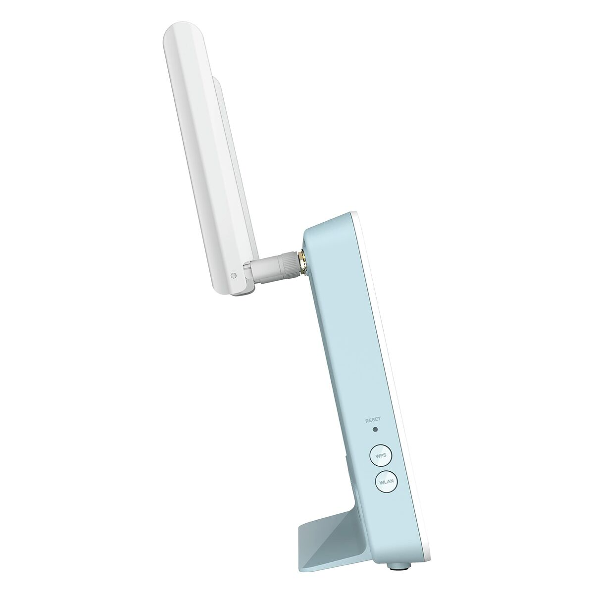 Biały router z dwiema antenami, jedną w górze, na białym tle. Widoczne przyciski.