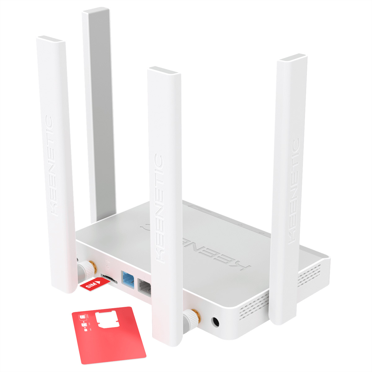 Router Keenetic bianco con quattro antenne e una scheda SIM rossa. Sfondo bianco.