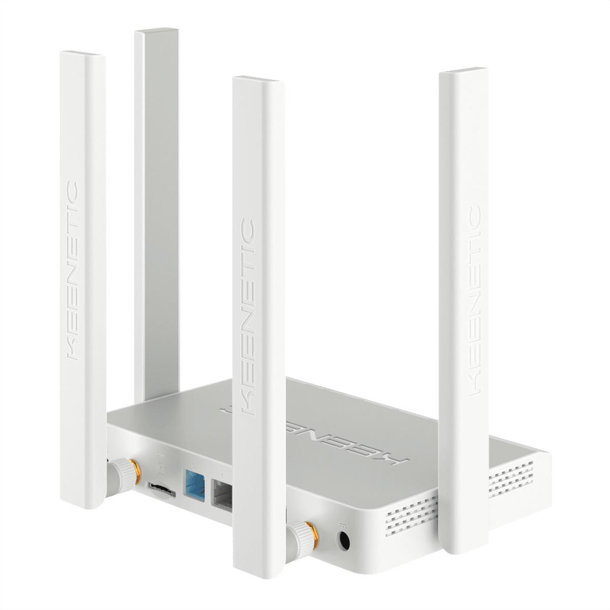 Router Keenetic bianco con quattro antenne. Il router ha una base rettangolare con il logo Keenetic.