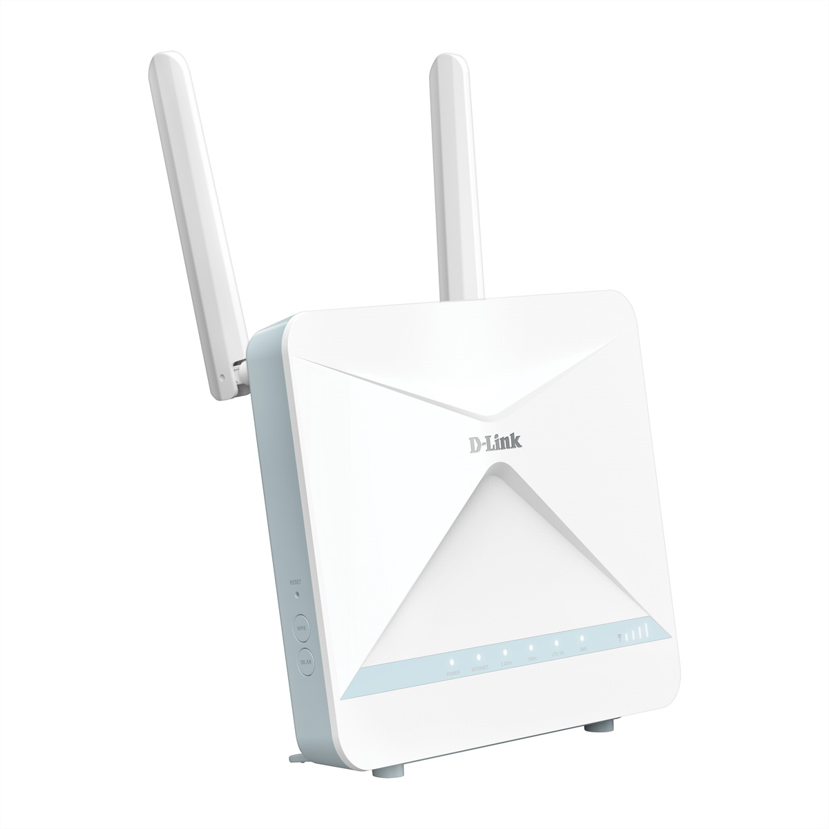 Biały router D-Link z dwiema antenami pod kątem. Przód ma kontrolki i logo D-Link.