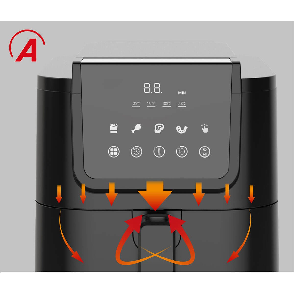 Freidora de aire negra con pantalla digital. Flechas muestran circulación de aire y botones de control.