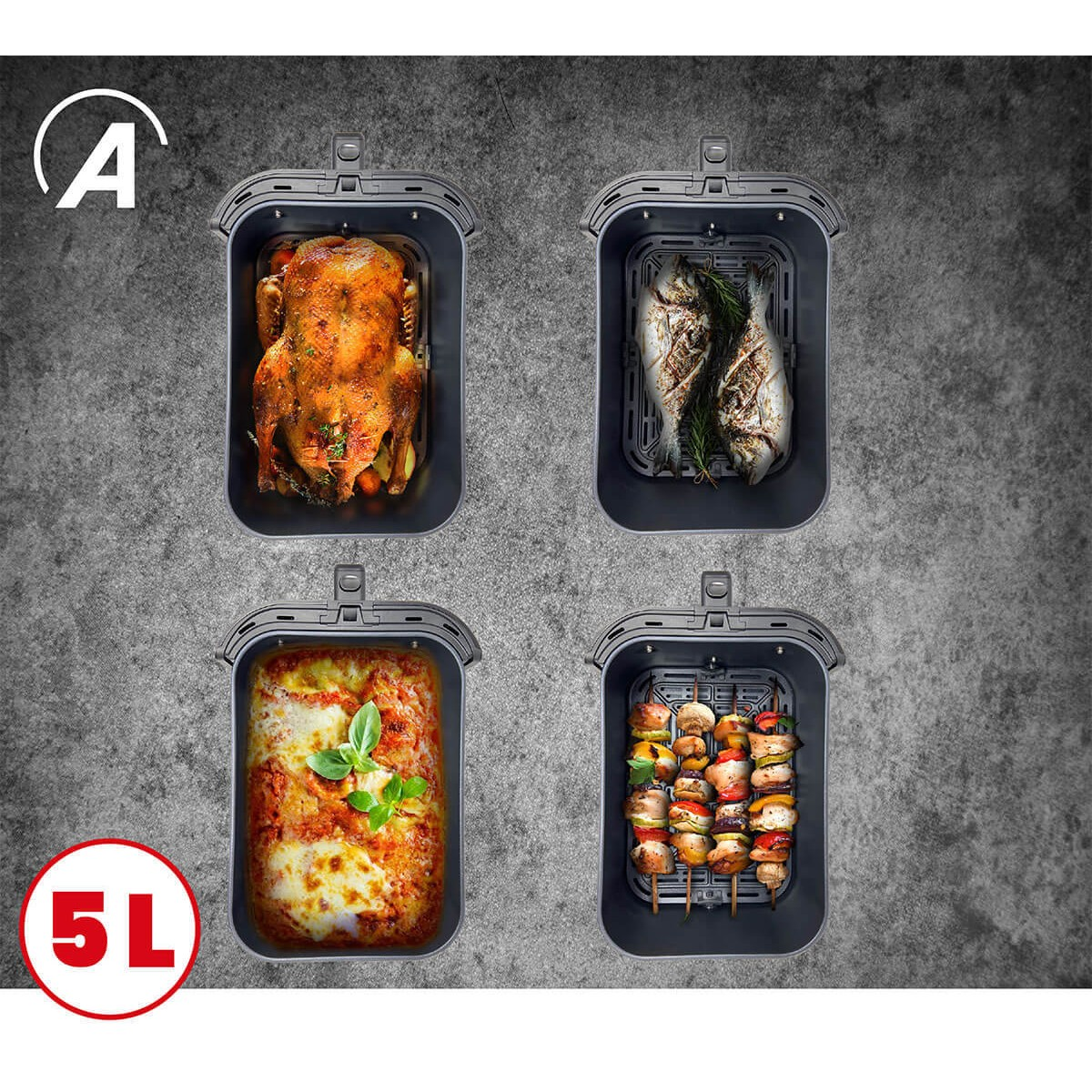 Una freidora de aire con cuatro compartimentos, cada uno con diferentes alimentos cocinados: pollo, pescado, lasaña y brochetas.