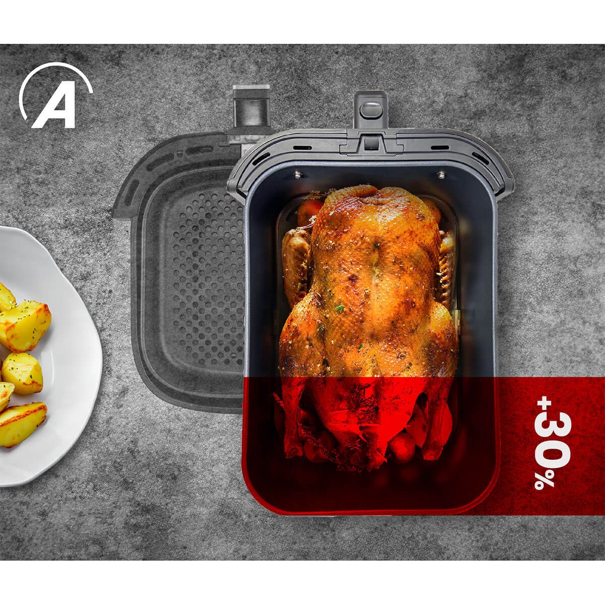 Pollo asado en una cesta de freidora de aire, con un plato de patatas. Fondo gris.