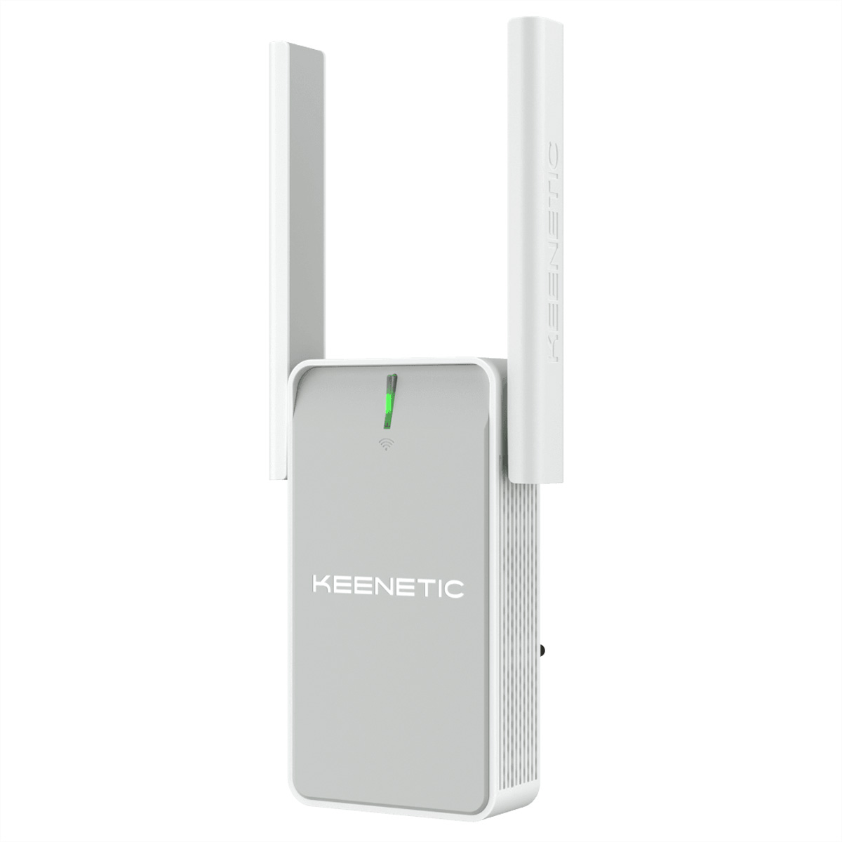 Weißer Keenetic WLAN-Extender mit zwei Antennen. Der Text 'KEENETIC' ist sichtbar.