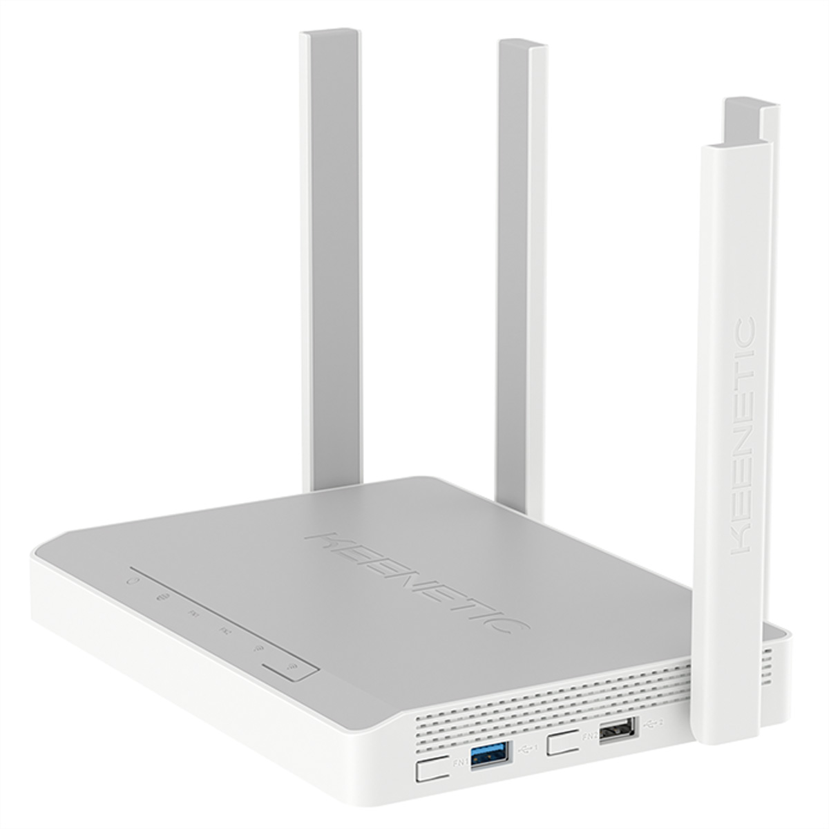 Router Keenetic bianco con tre antenne, su sfondo bianco, visto frontalmente.