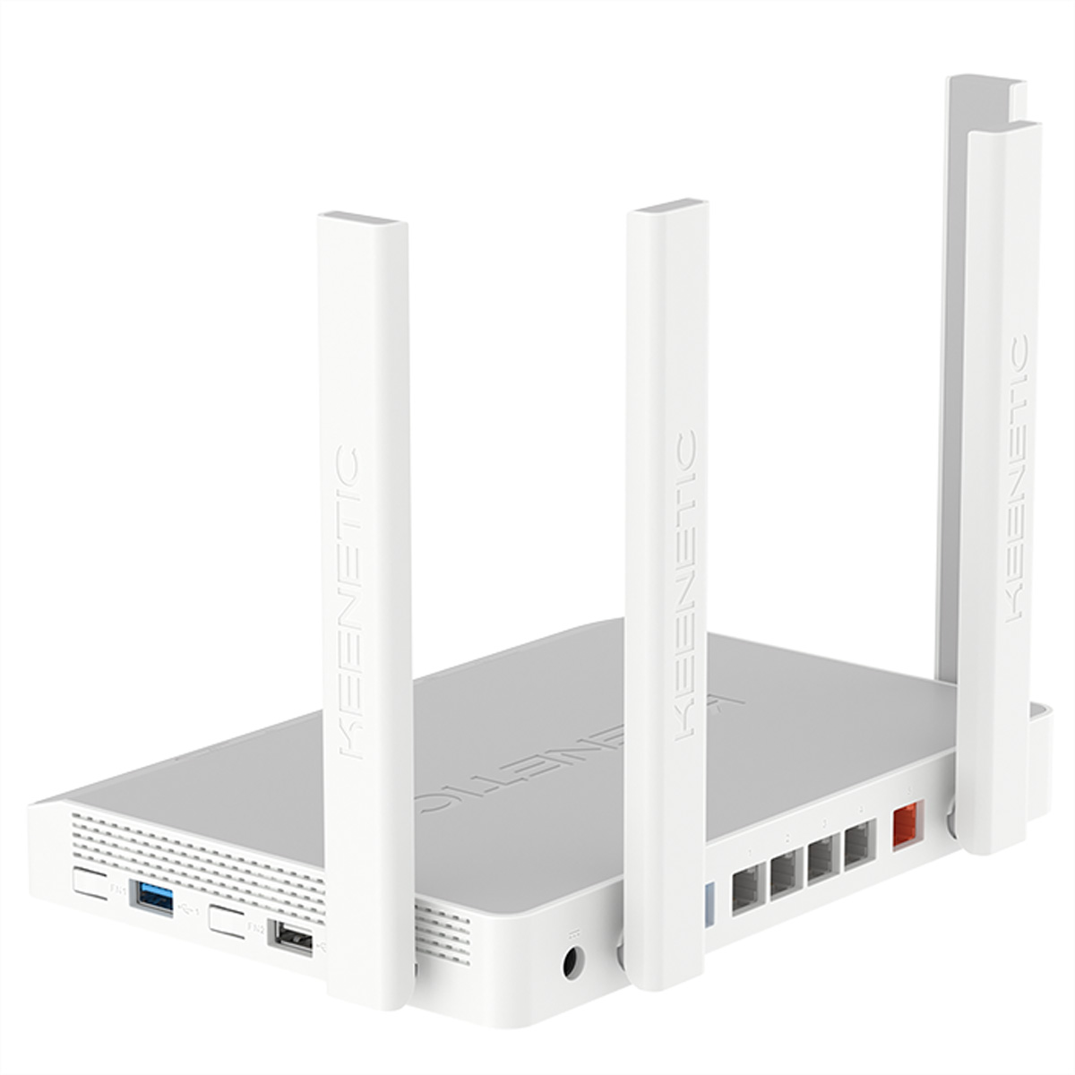Router Keenetic bianco con quattro antenne. Ha porte e una porta USB. Il logo Keenetic è visibile.