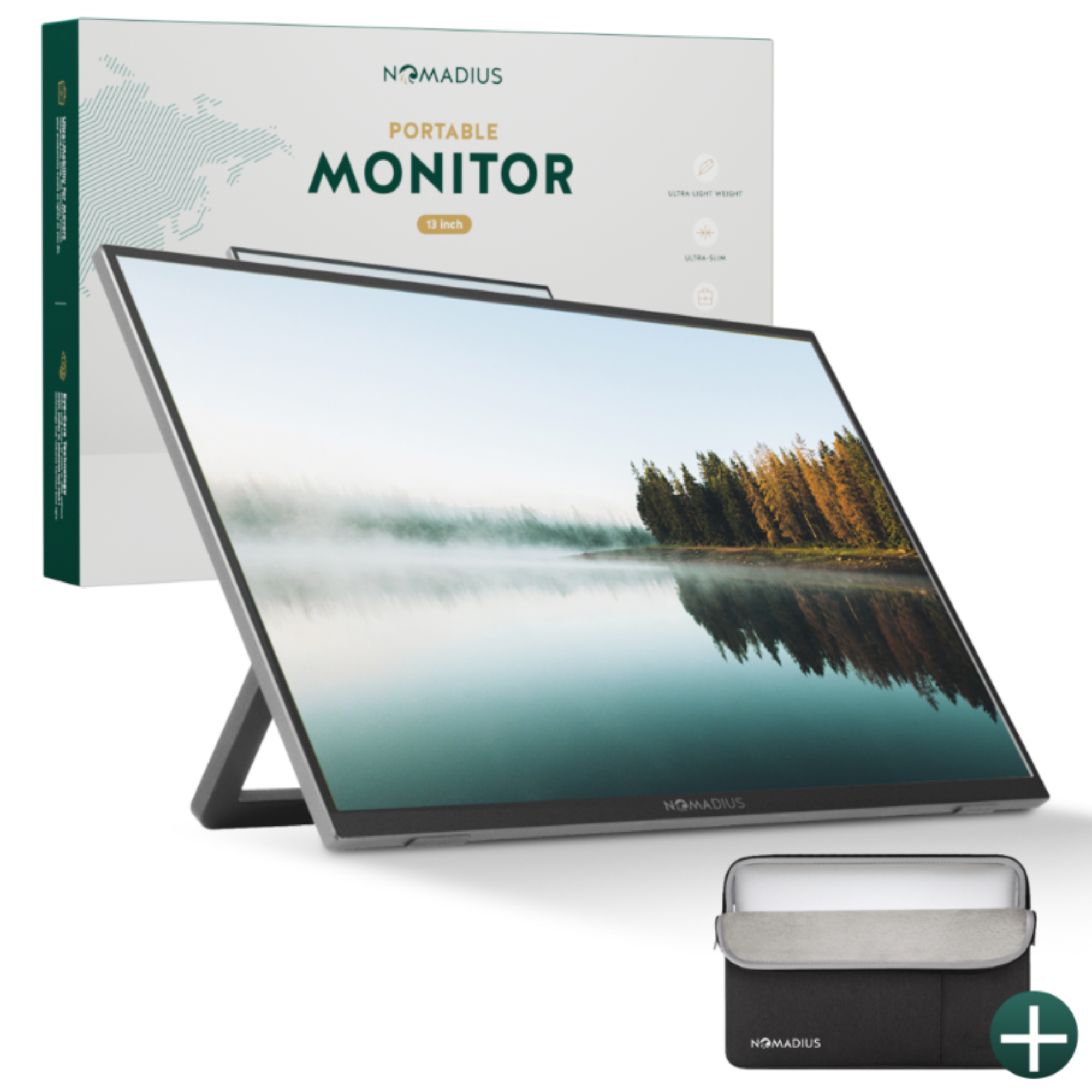 Draagbare monitor met standaard, hoes en doos. De monitor toont een landschapsweergave.