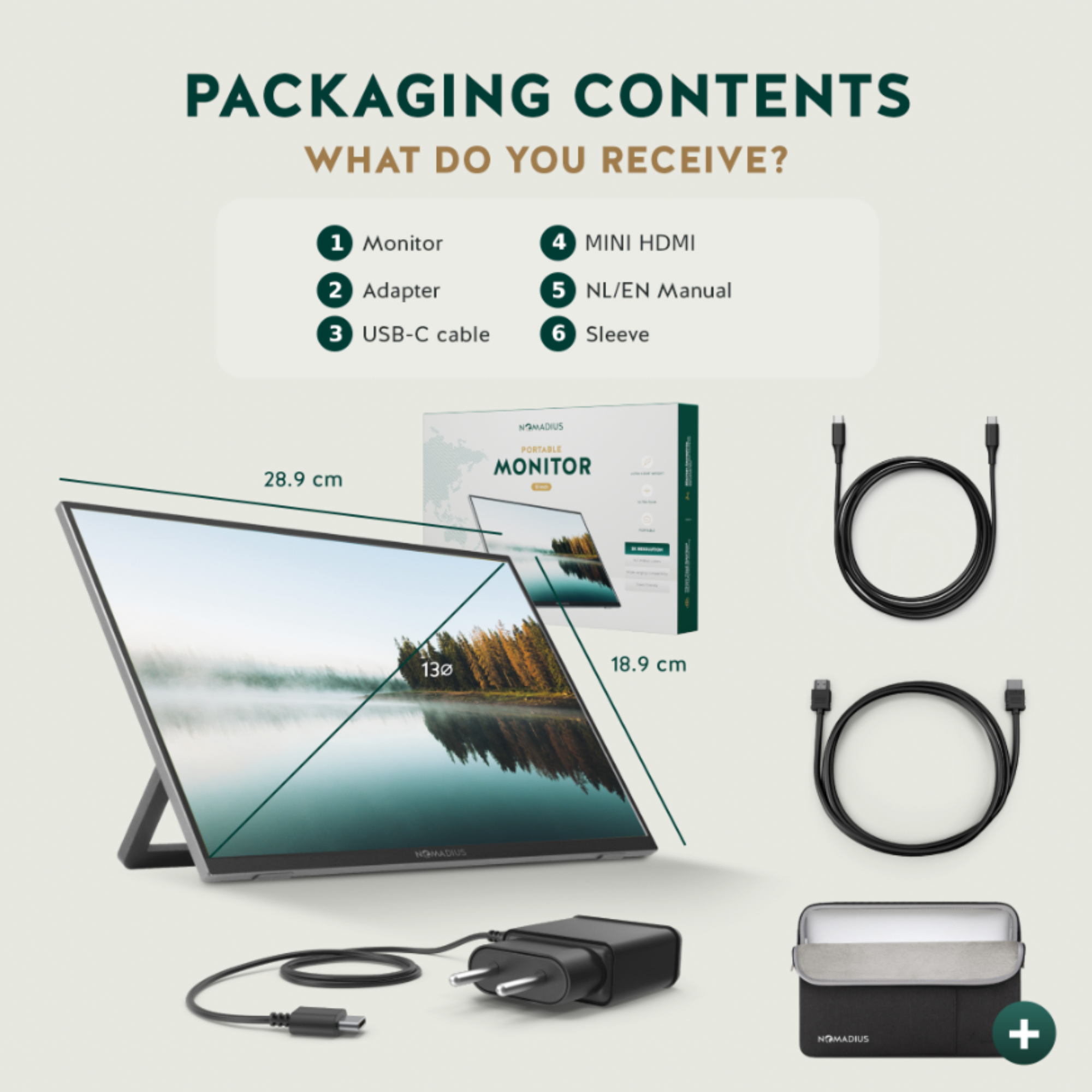 Een draagbare monitor met accessoires. Inclusief kabels, oplader en een draagtas.