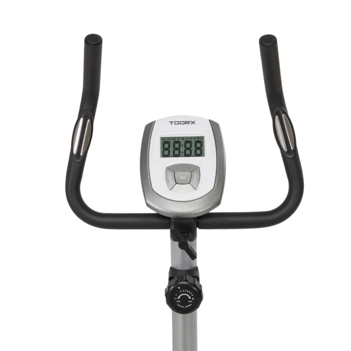 Ergometrie-Konsole mit Display, das 88:88 anzeigt, und Steuertasten.