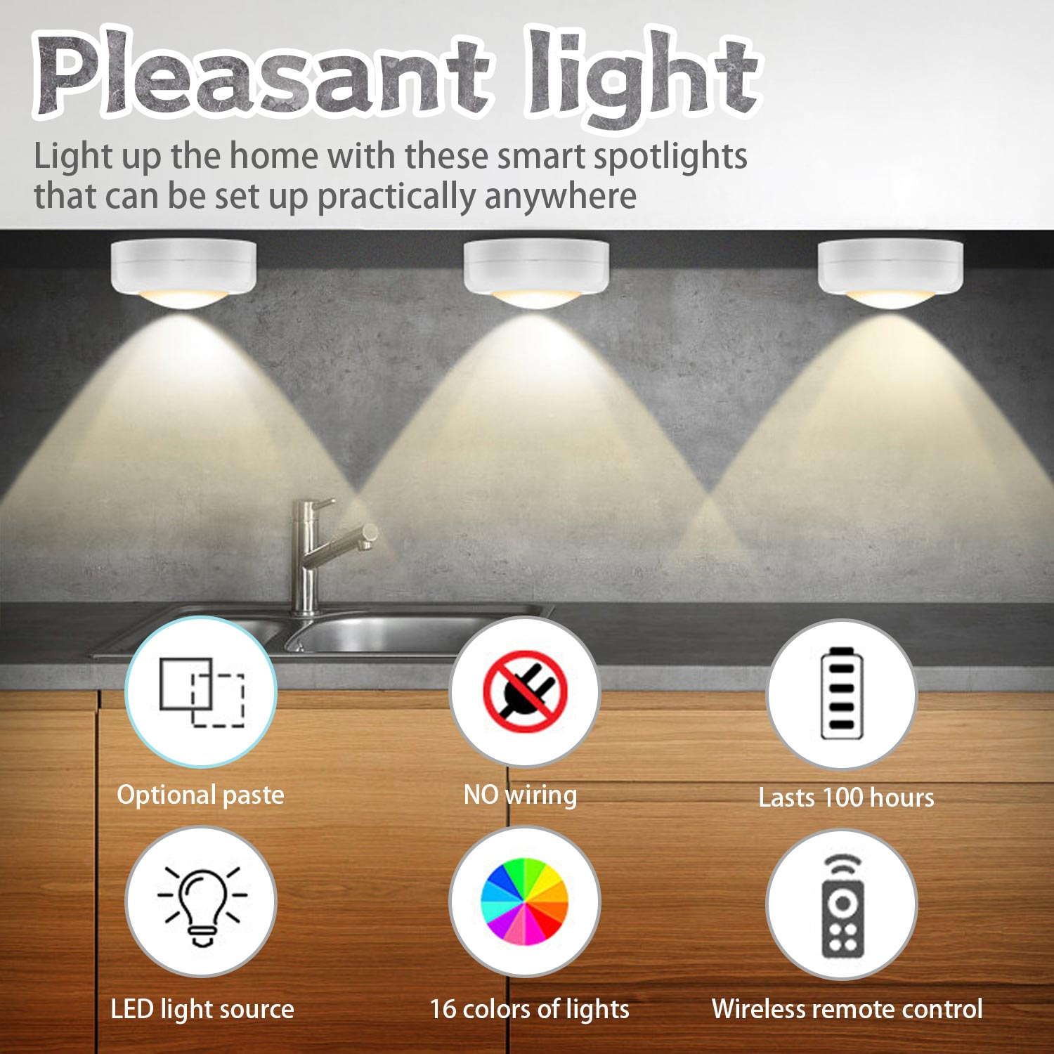 Focos inteligentes en encimera, con iconos para opciones como pegar, sin cableado y colores de luz.