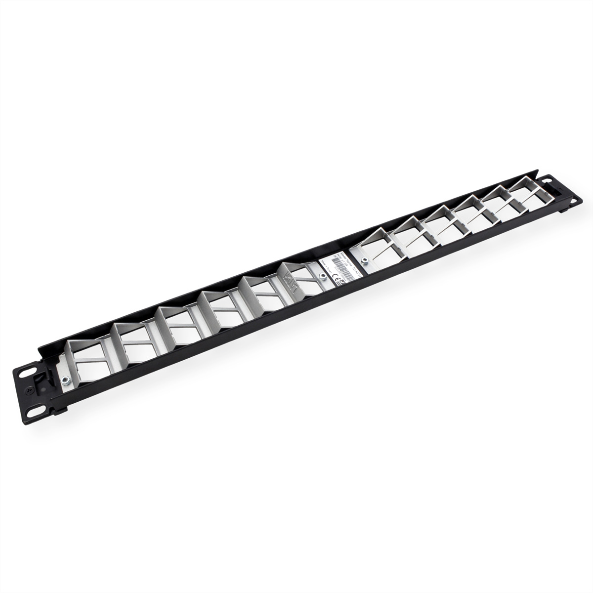 Schwarze Server-Rack-Einheit mit mehreren silbernen Lüftungseinsätzen und einem weißen Etikett.