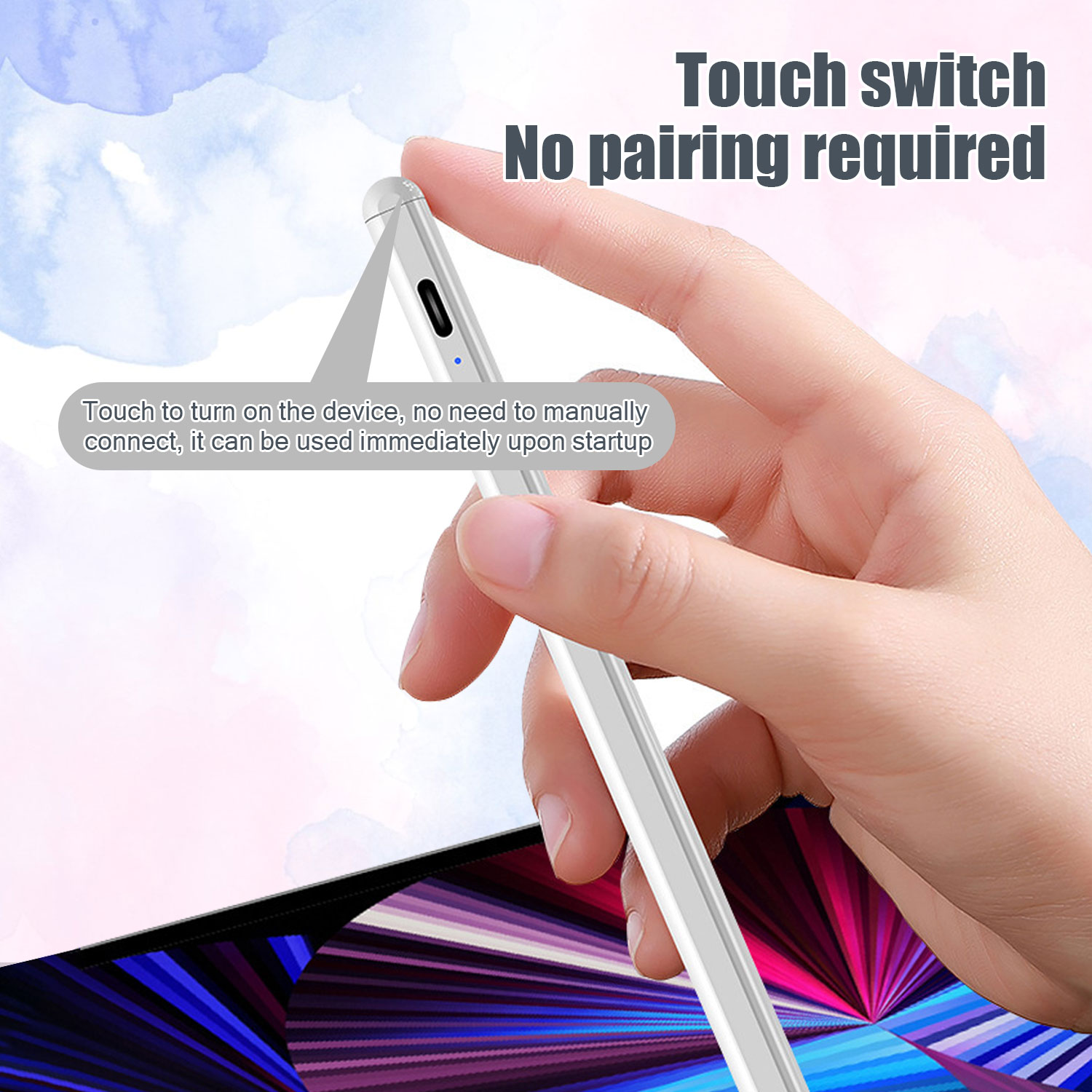 Dłoń trzyma biały rysik. Tekst: Przełącznik dotykowy, nie wymaga parowania. Tekst na ekranie.