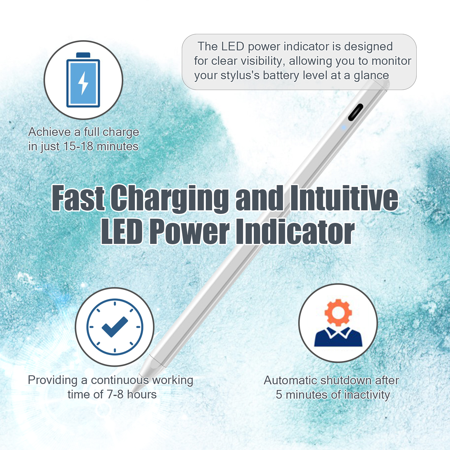 Białe pióro rysikowe z tekstem o ładowaniu i użytkowaniu oraz ikonami. Białe tło.