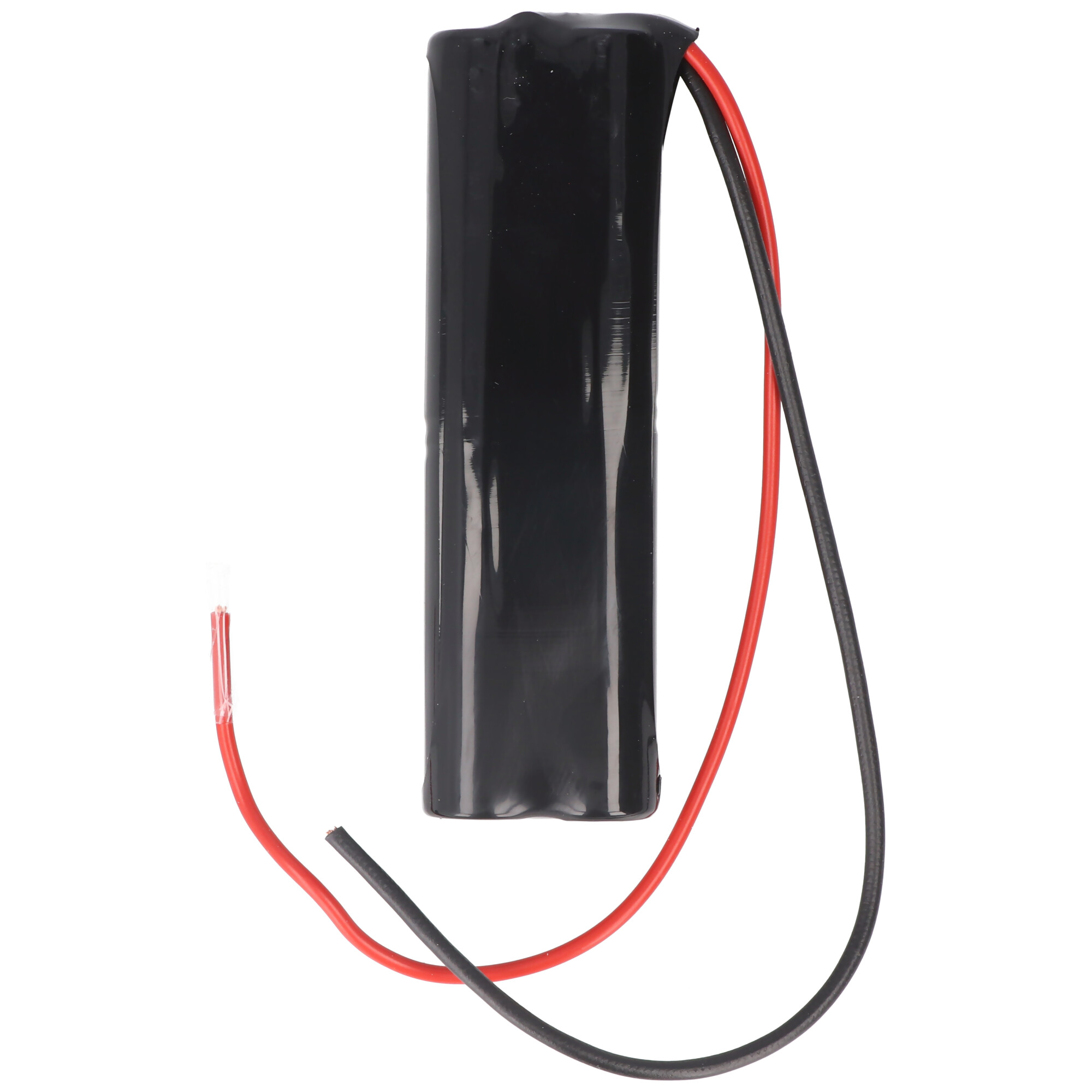 Eine schwarze zylindrische Batterie mit roten und schwarzen Drähten.