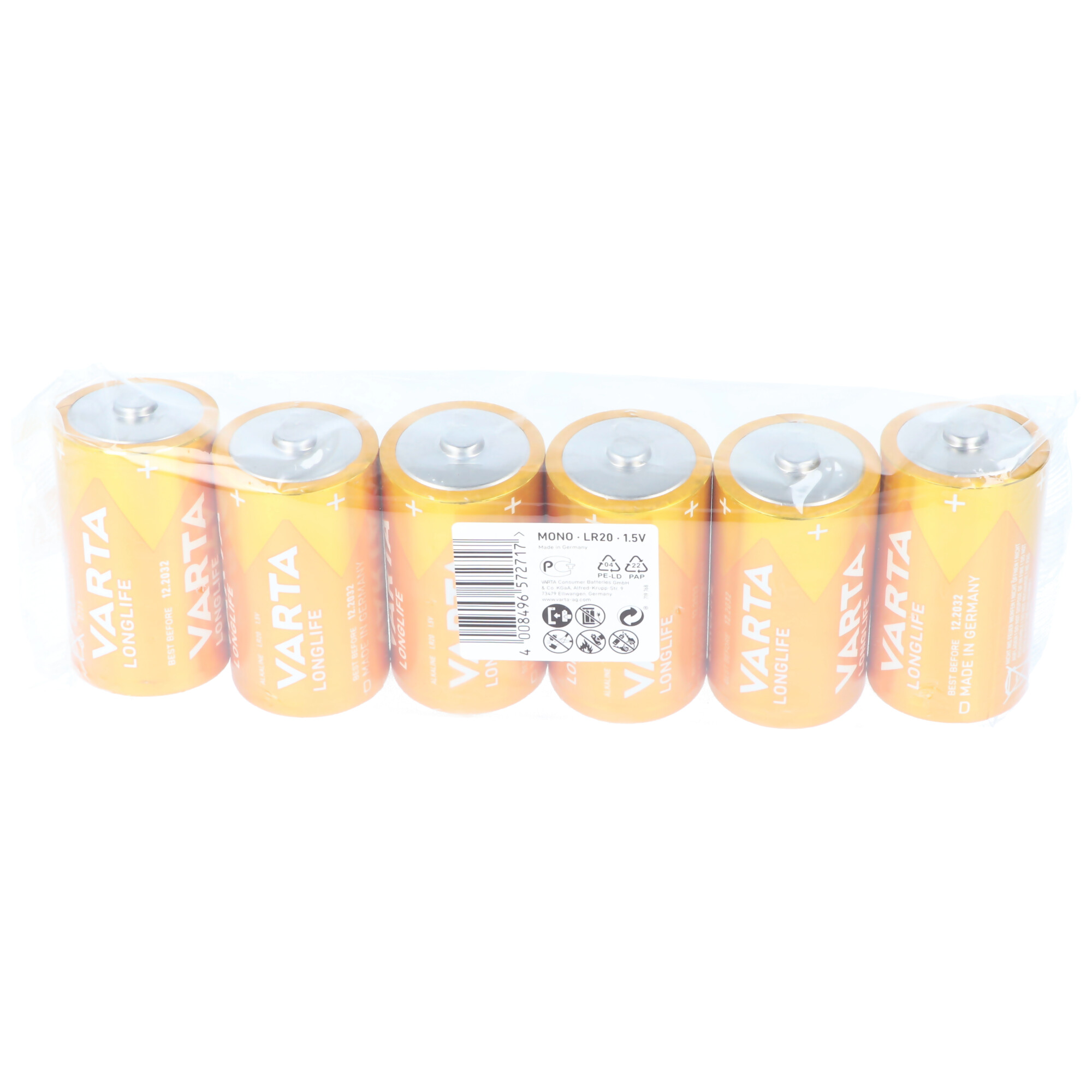 Sei batterie Varta Longlife arancioni in una confezione di plastica.