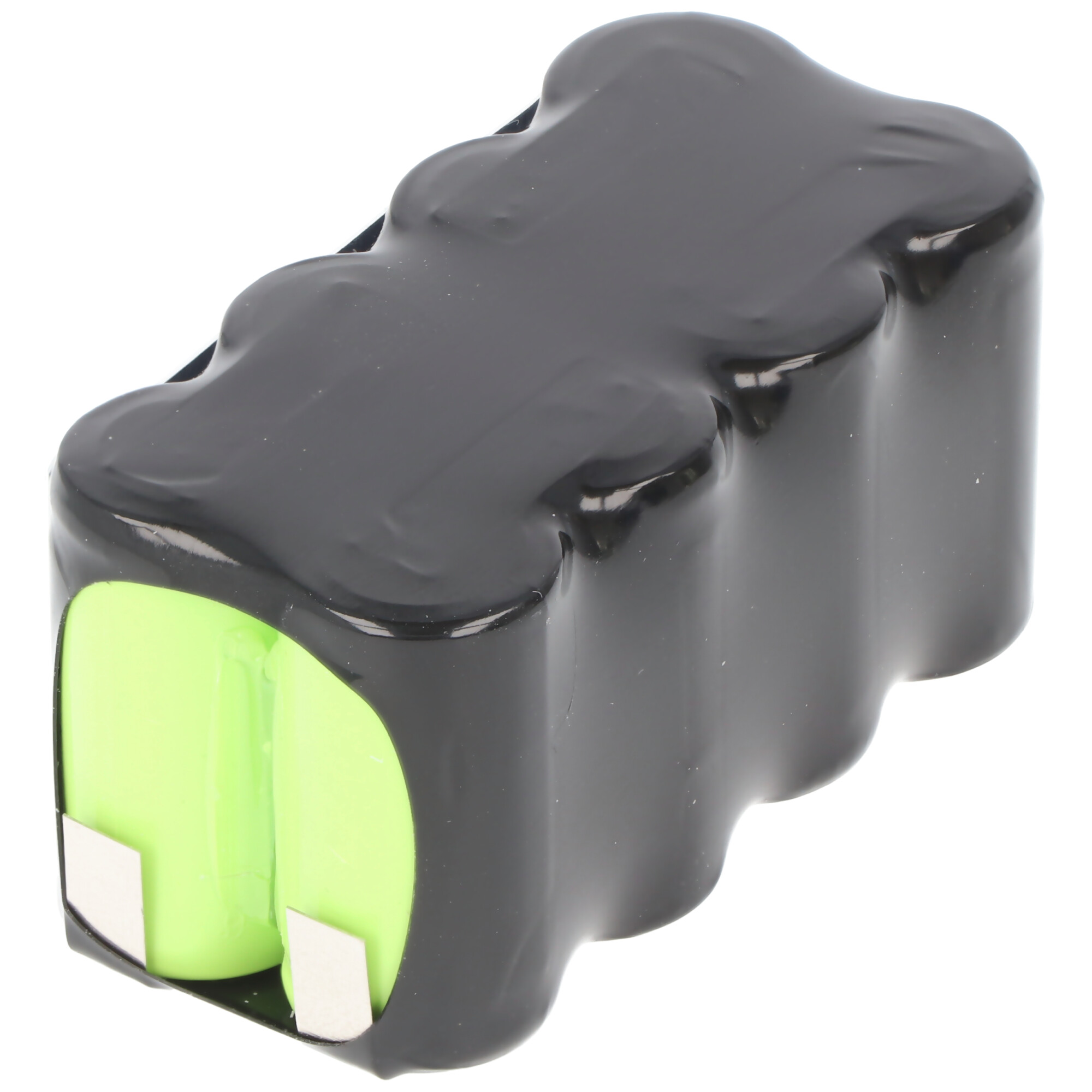 Een zwart batterijpakket met zes cellen, elk met een groen uiteinde en zilveren contacten, op een witte achtergrond.