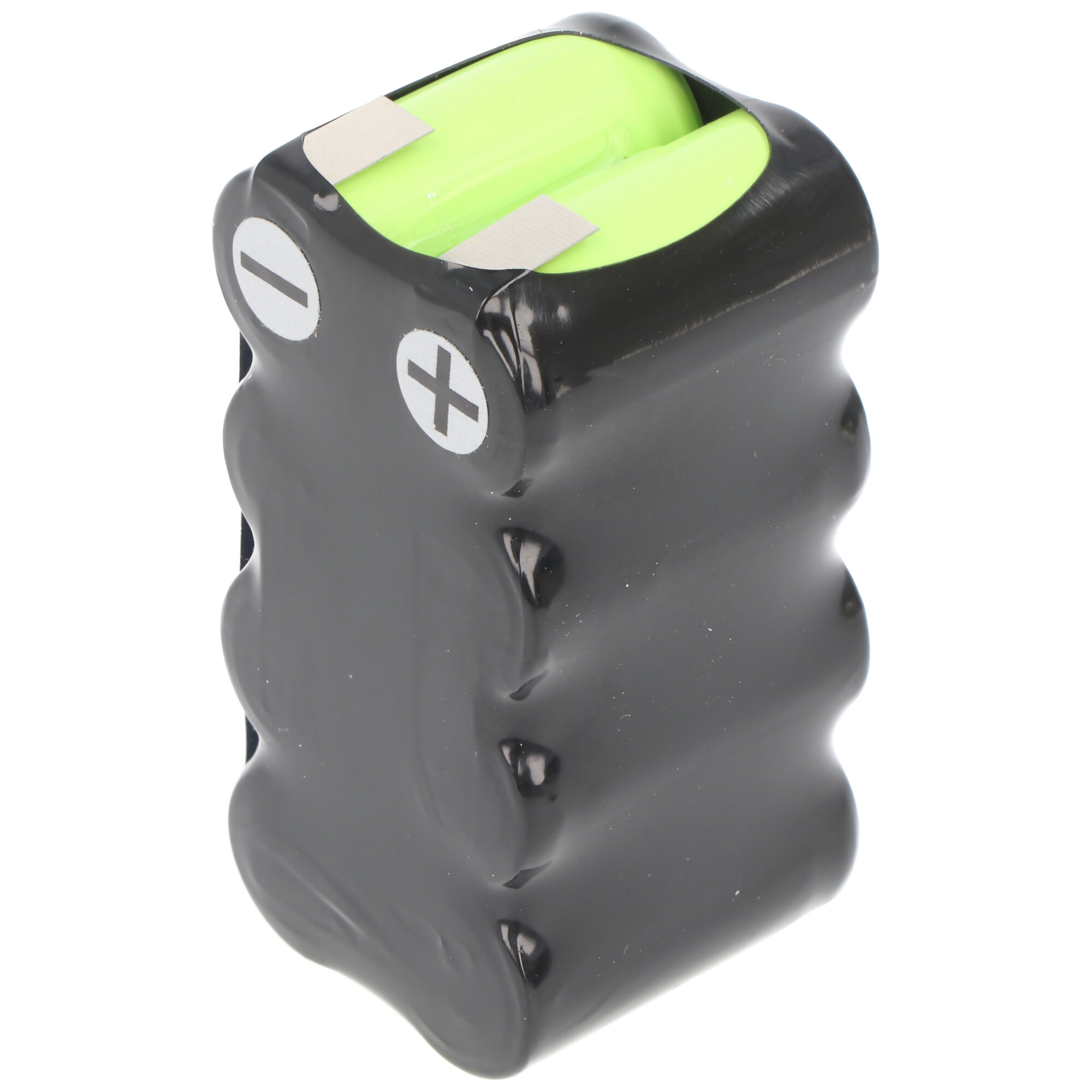 Zwart batterijpakket met twee groene cellen. Witte achtergrond.