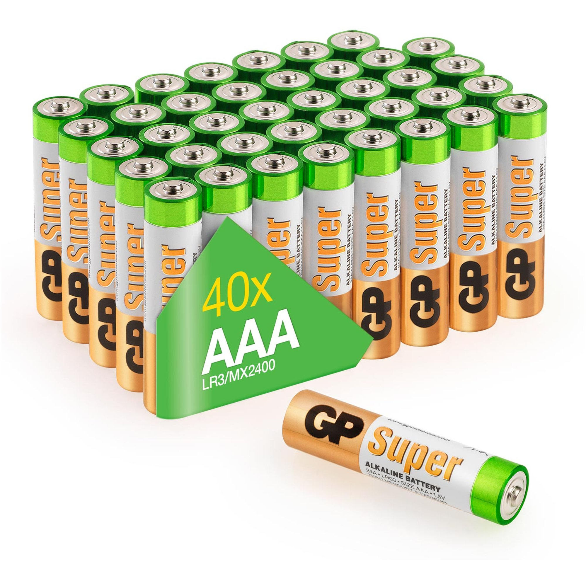 Eine Anzeige von 40 AAA-Batterien mit der Aufschrift 'GP Super', mit grünem und goldenem Farbschema, auf weißer Oberfläche.