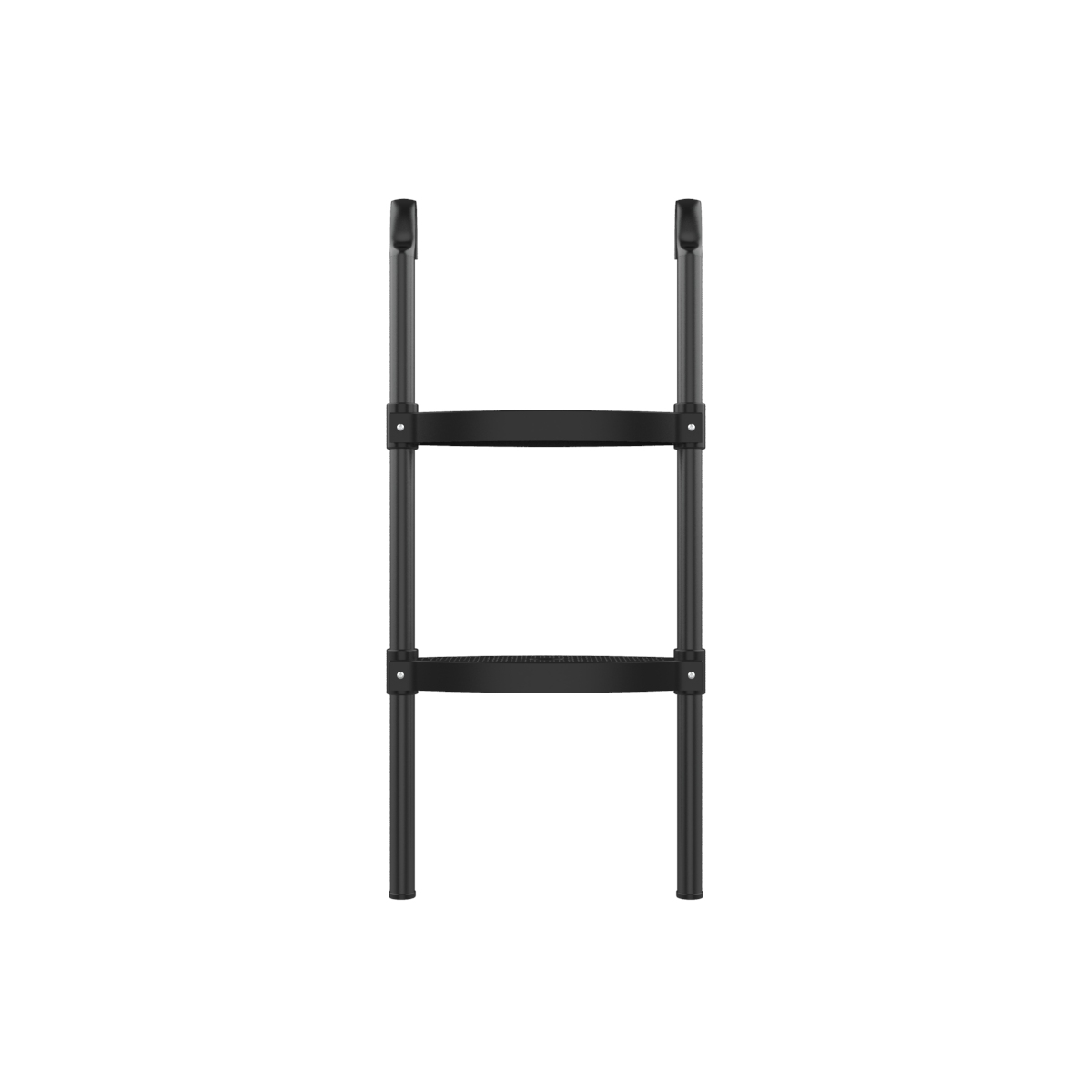 Een zwarte, metalen ladder met drie treden, geïsoleerd op een witte achtergrond.